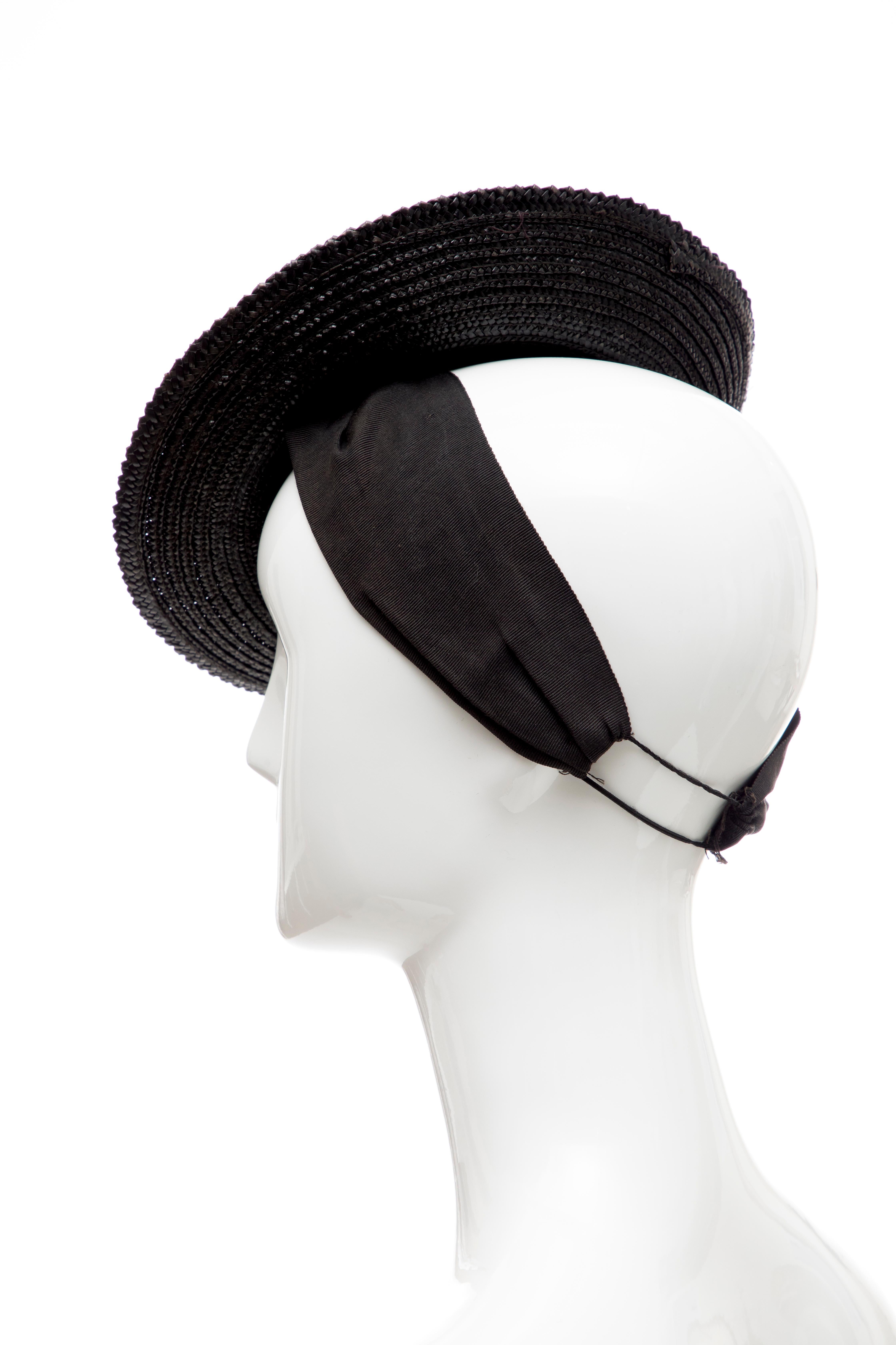 Women's Black Raffia Tilt Hat, Circa: 1930's For Sale