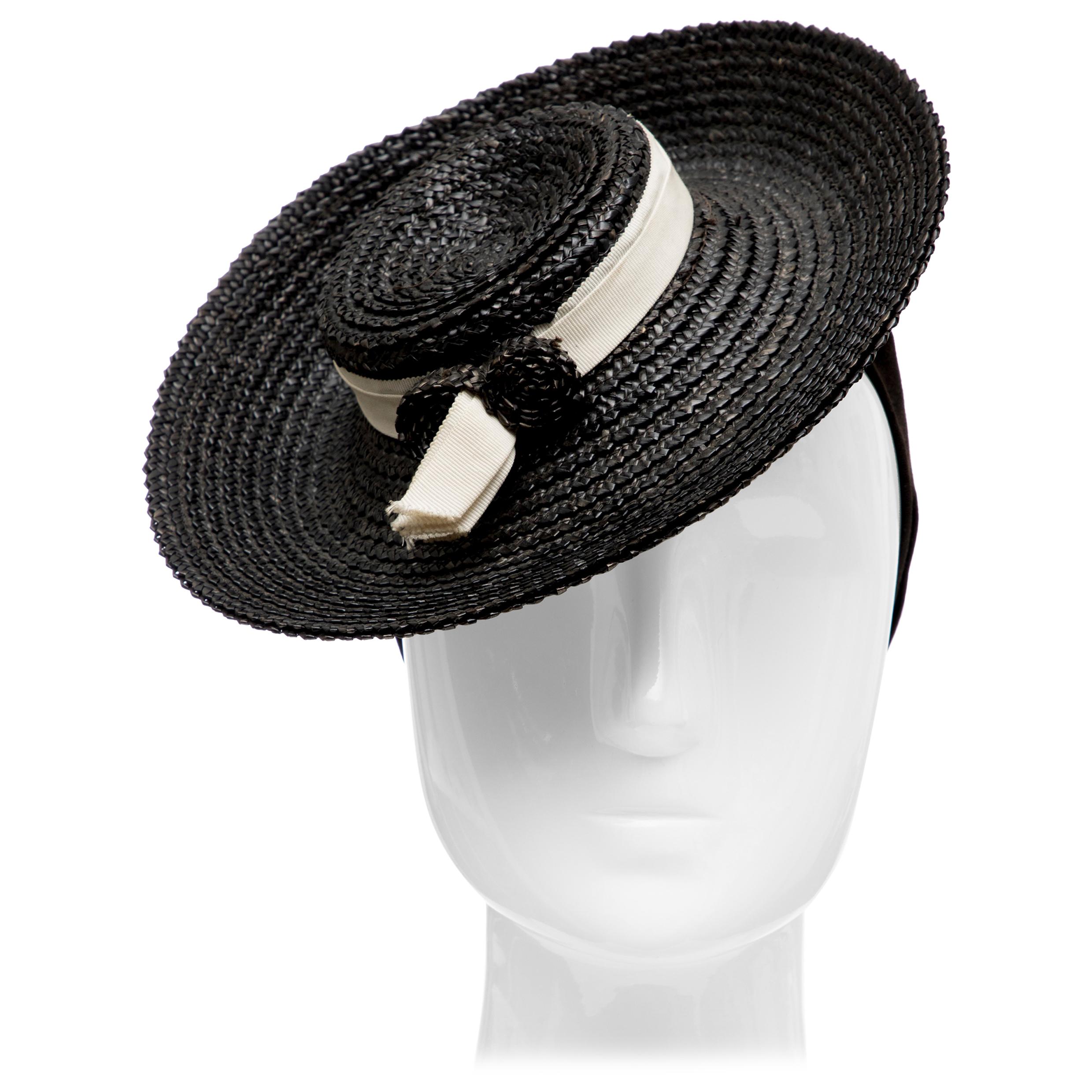 Black Raffia Tilt Hat, Circa: 1930's For Sale
