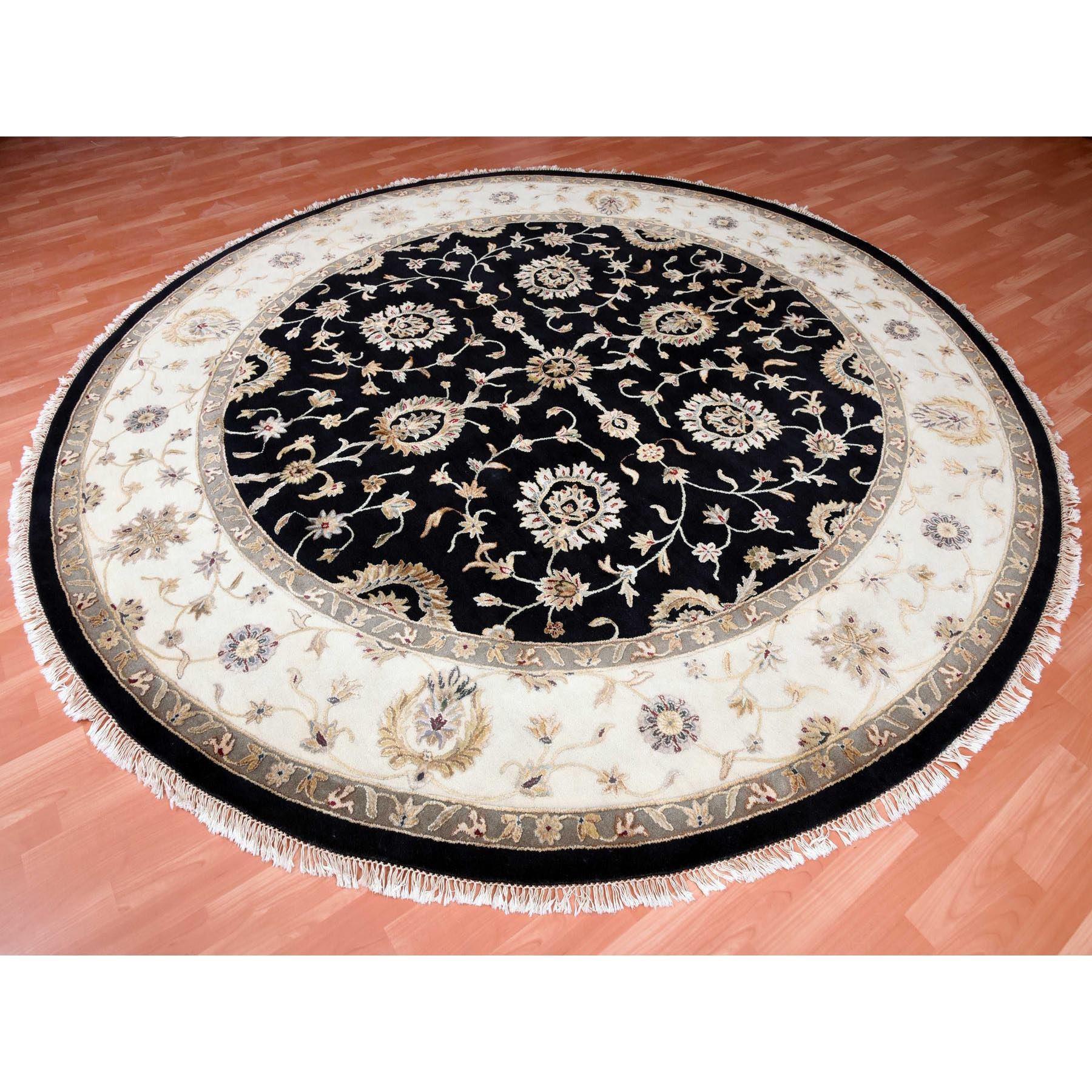 Medievale Tappeto orientale rotondo annodato a mano in lana e seta del Rajasthan nero, 10'0