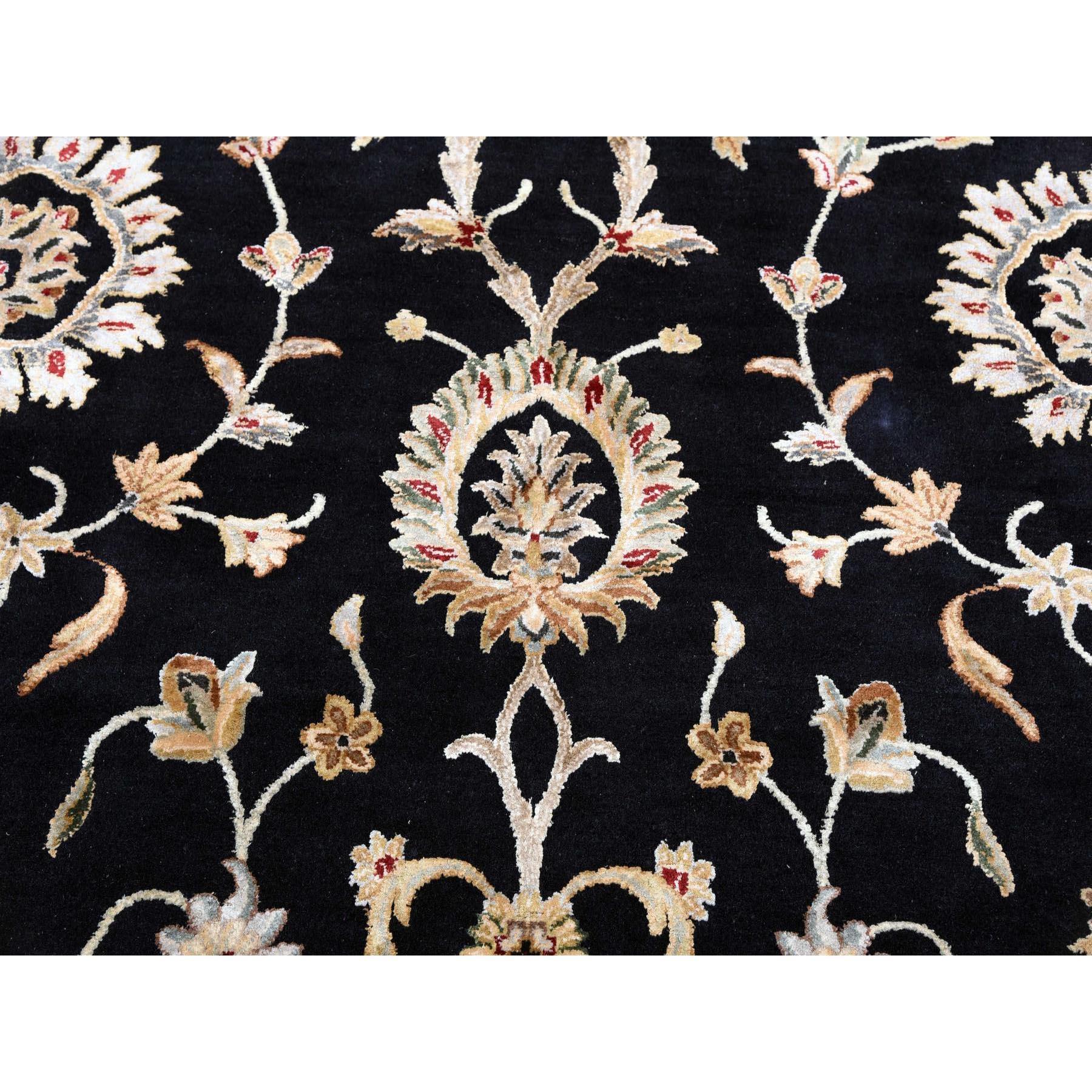 Seta Tappeto orientale rotondo annodato a mano in lana e seta del Rajasthan nero, 10'0