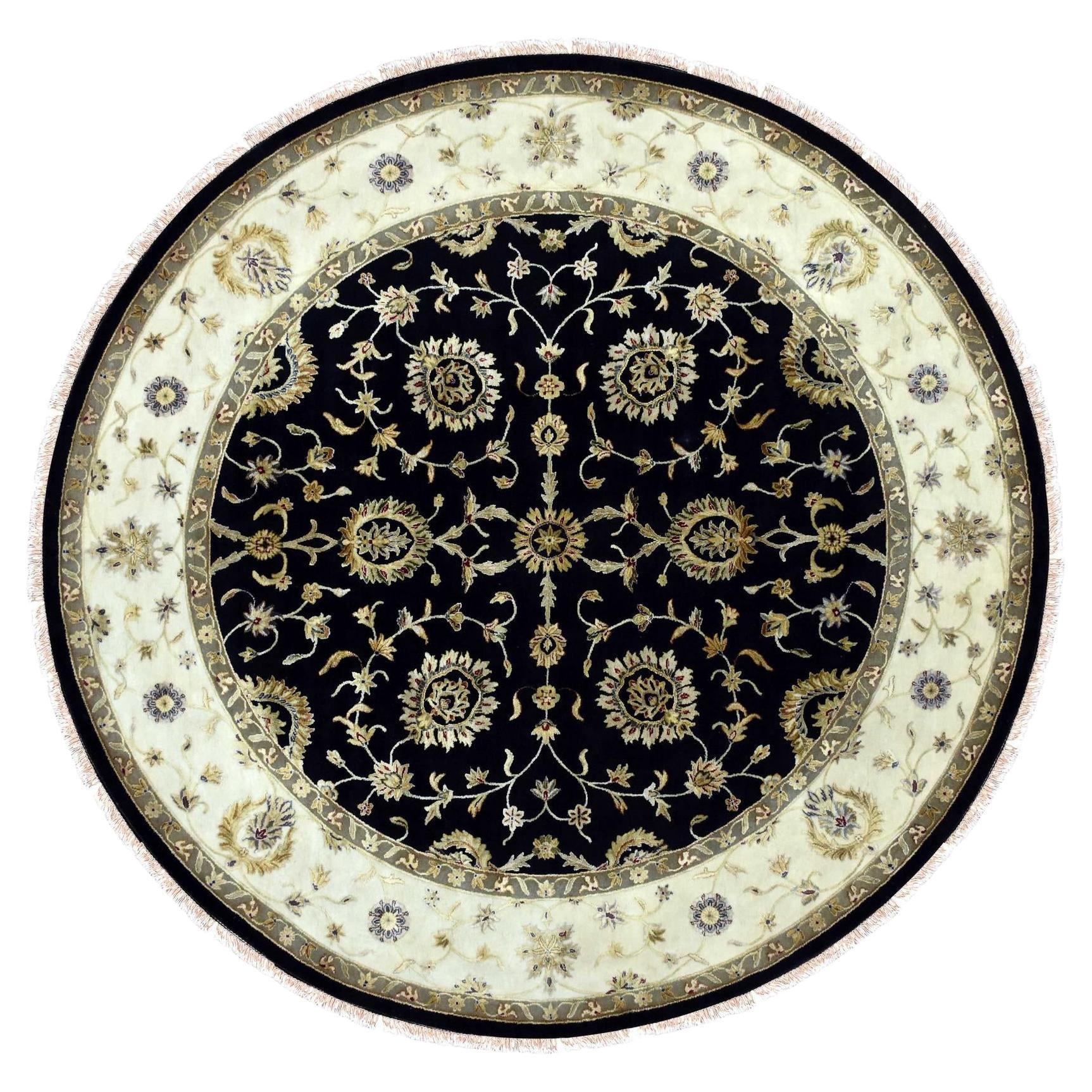 Tappeto orientale rotondo annodato a mano in lana e seta del Rajasthan nero, 10'0" x 10'2". in vendita