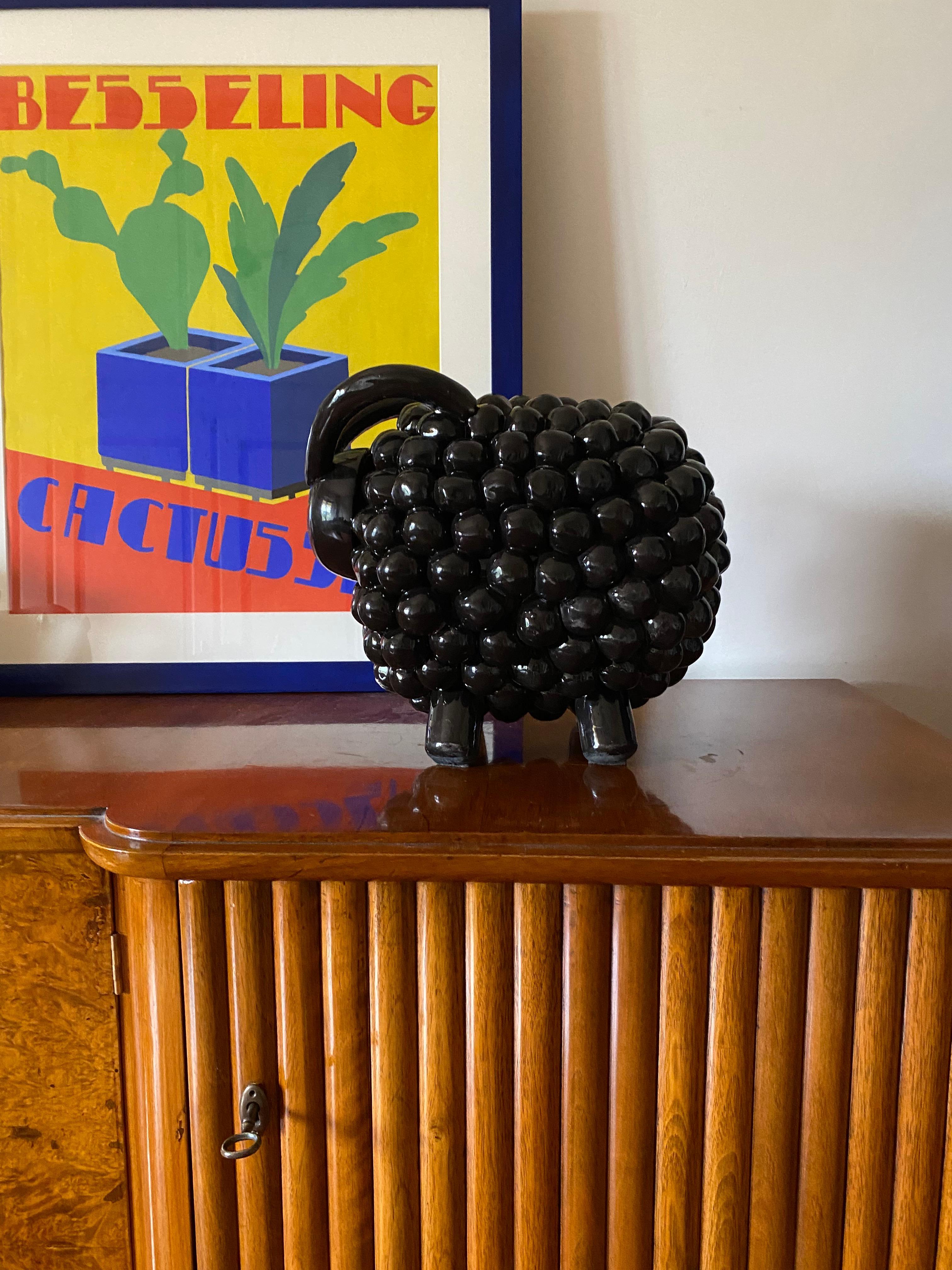 Post-Modern Black ram / sheep ceramic sculpture, Italy 1980s For Sale