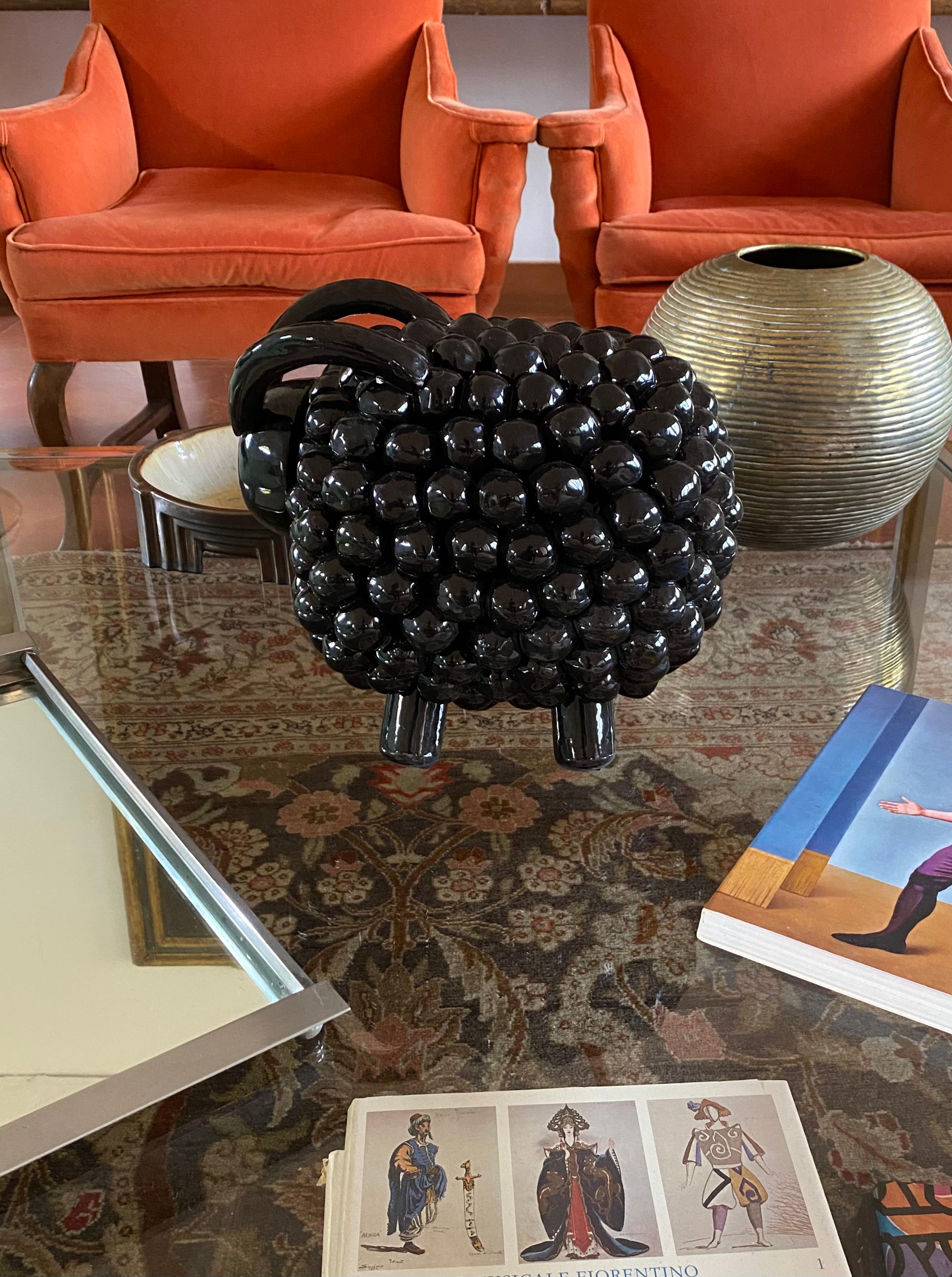 Italian Black ram / sheep ceramic sculpture, Italy 1980s For Sale