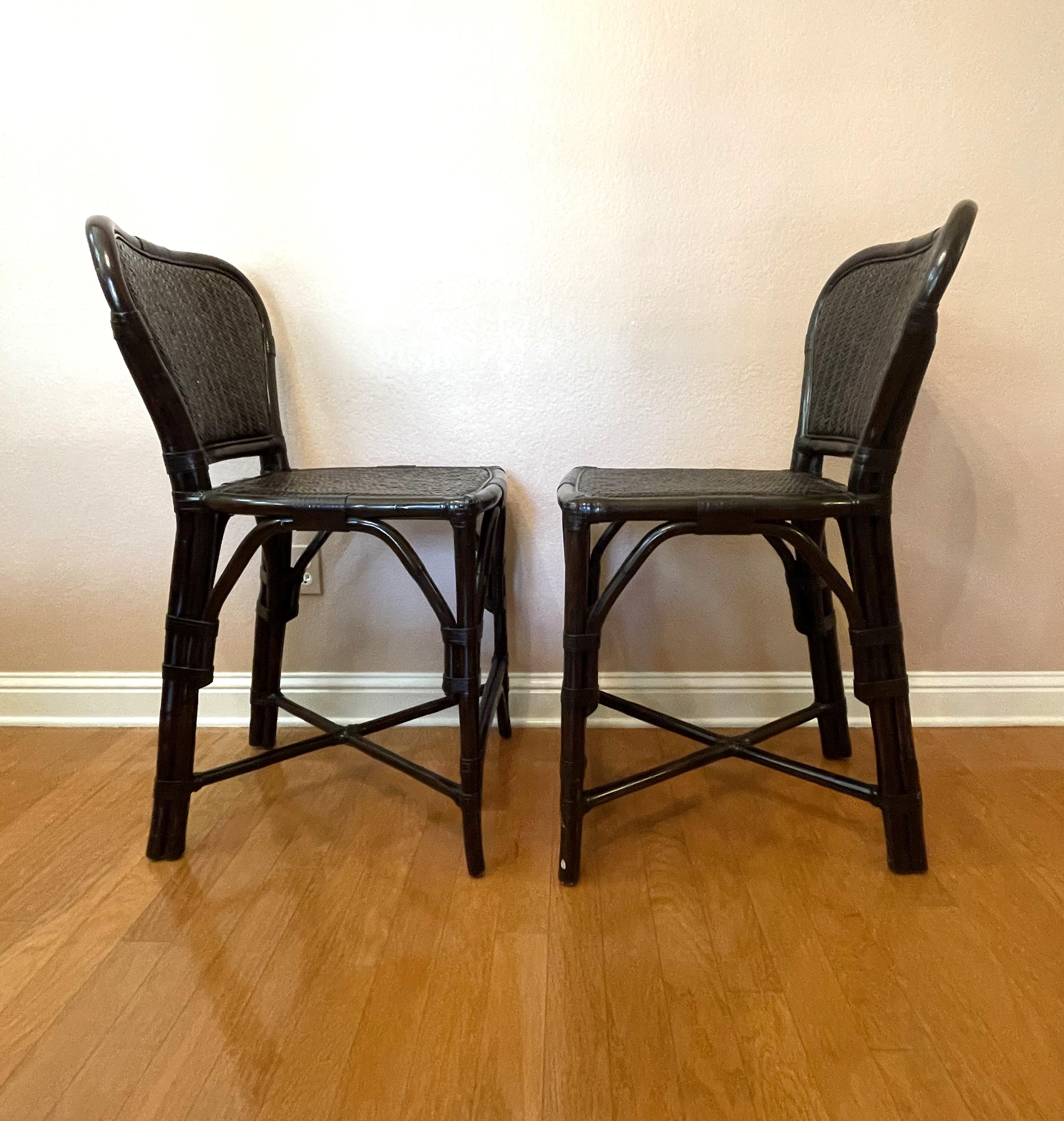 French Provincial Black Rattan Bar Chairs For Sale