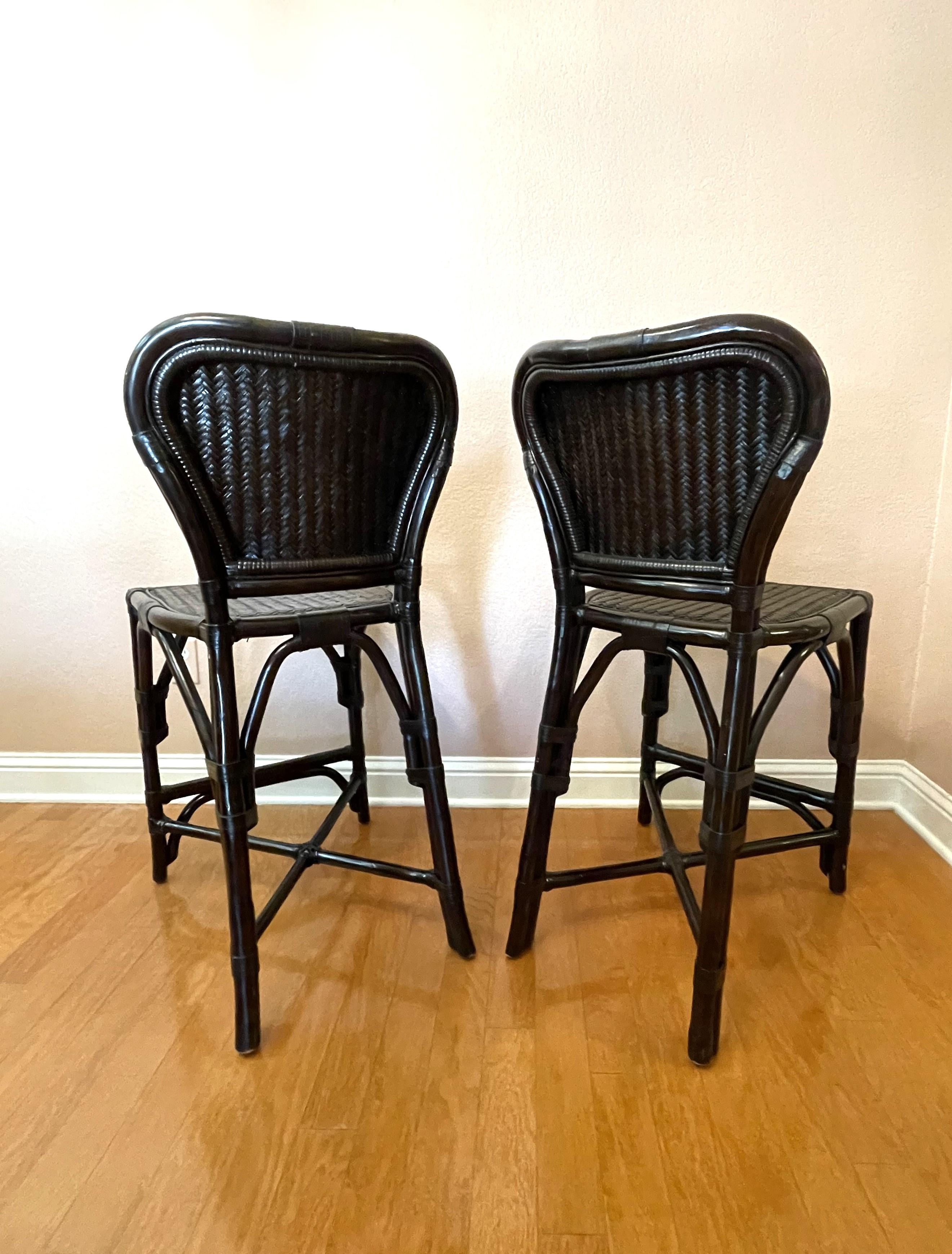 Black Rattan Bar Chairs In Excellent Condition For Sale In Austin, TX
