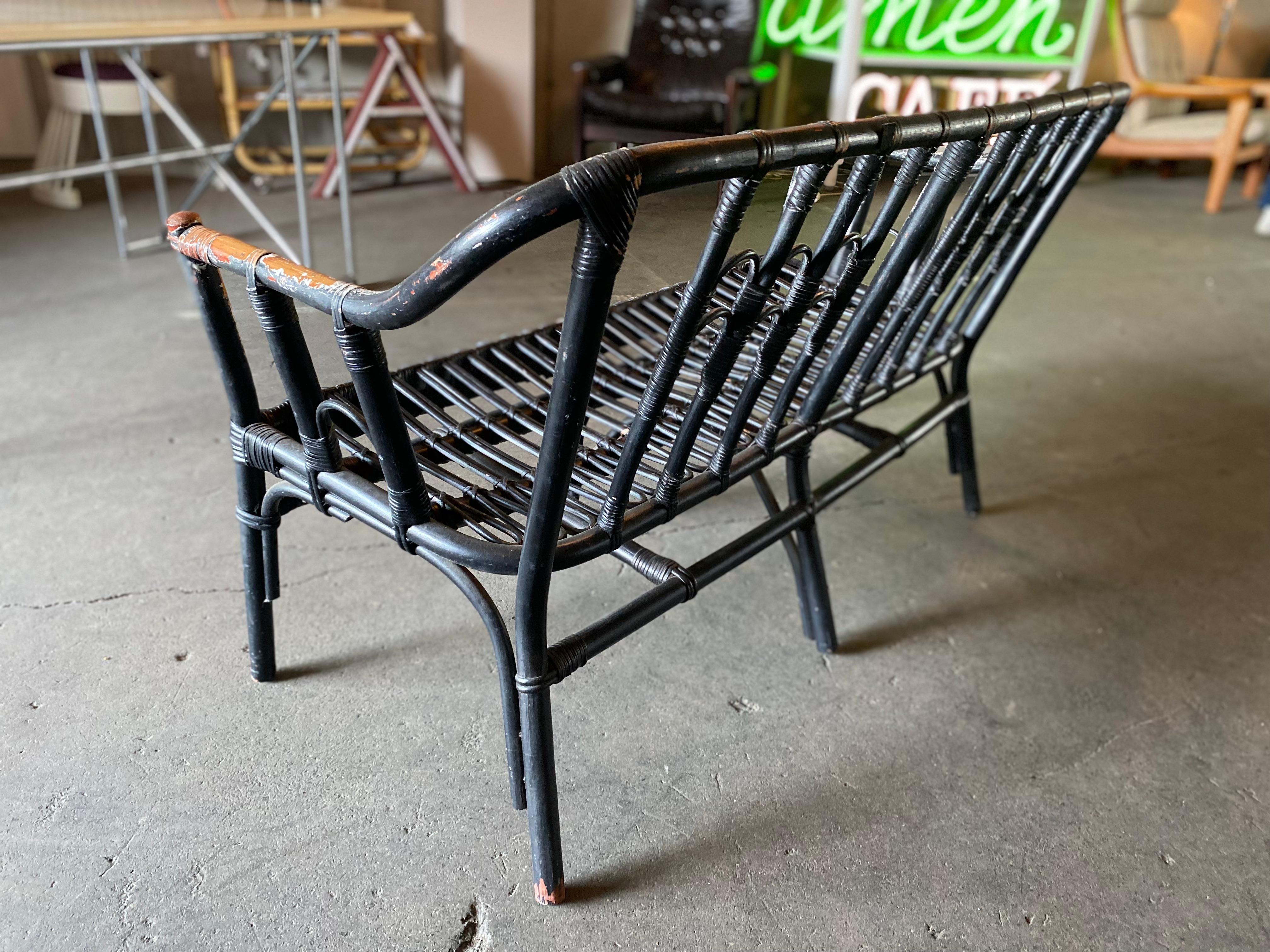 Black Rattan Bench, 2 Persons, Boho Style For Sale 5
