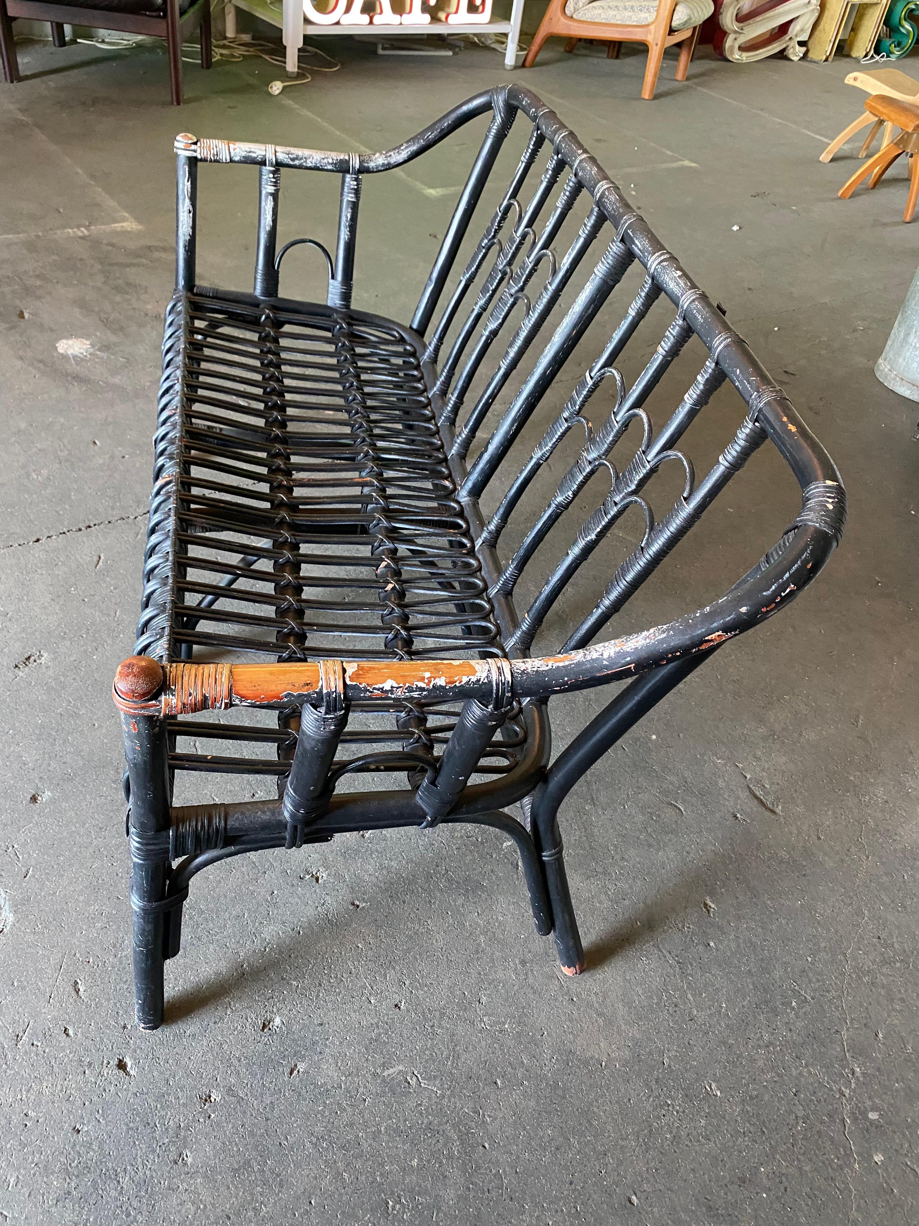 Black Rattan Bench, 2 Persons, Boho Style For Sale 8
