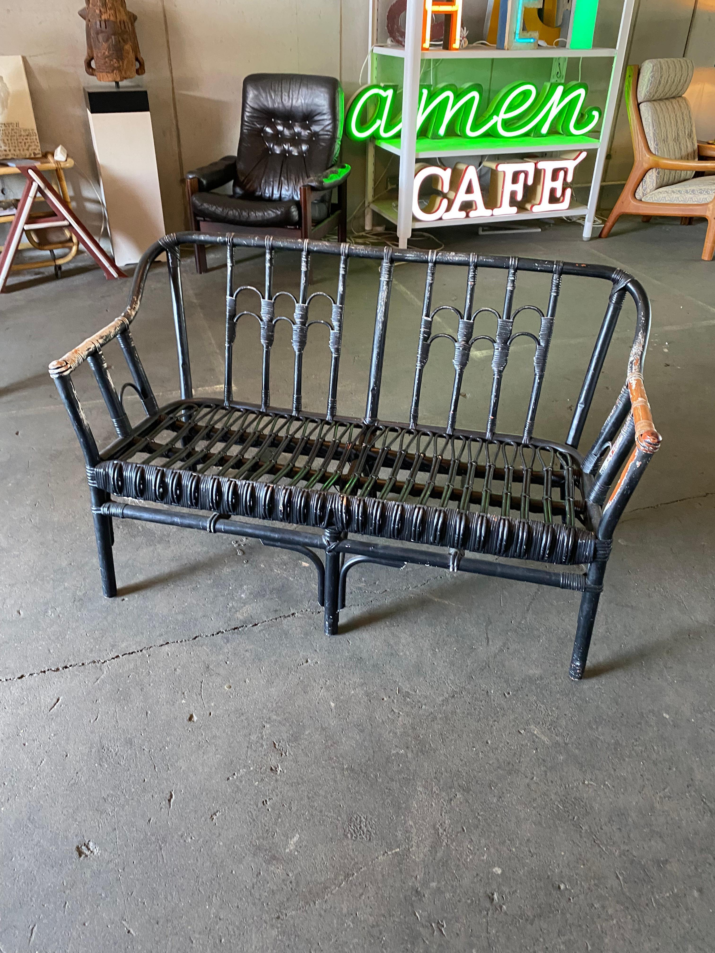 Black Rattan Bench, 2 Persons, Boho Style For Sale 9