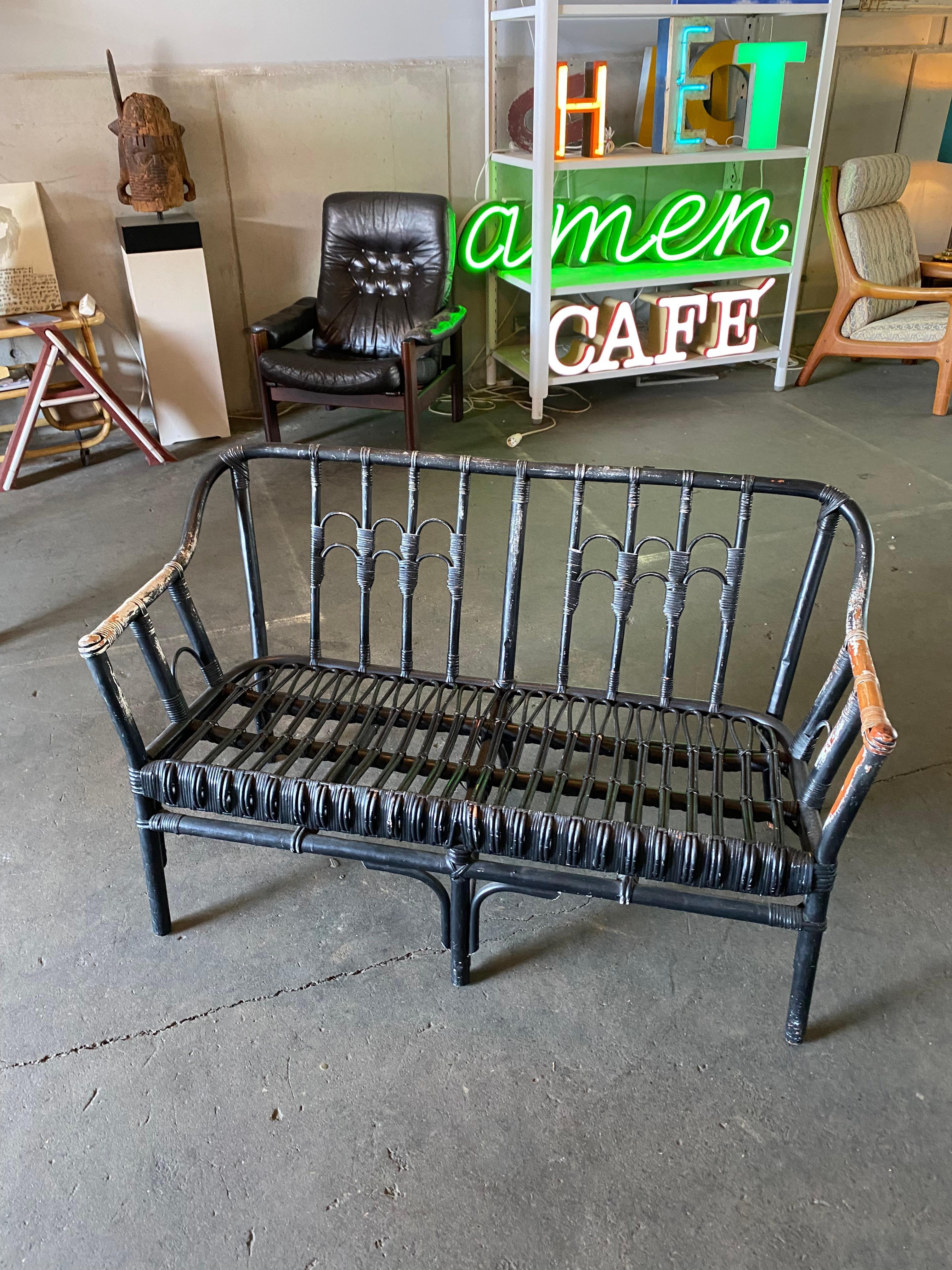 Black Rattan Bench, 2 Persons, Boho Style For Sale 10