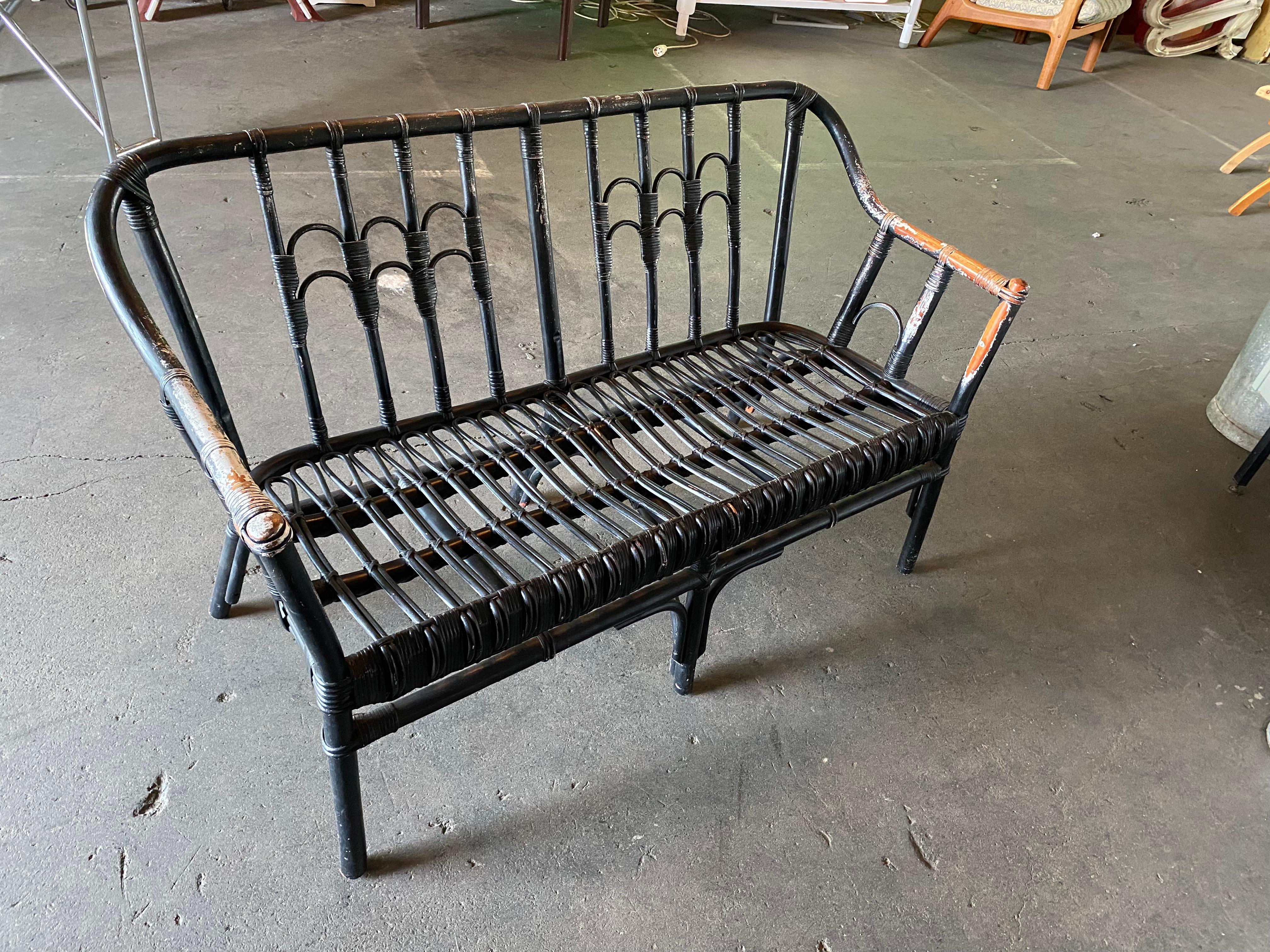 German Black Rattan Bench, 2 Persons, Boho Style For Sale
