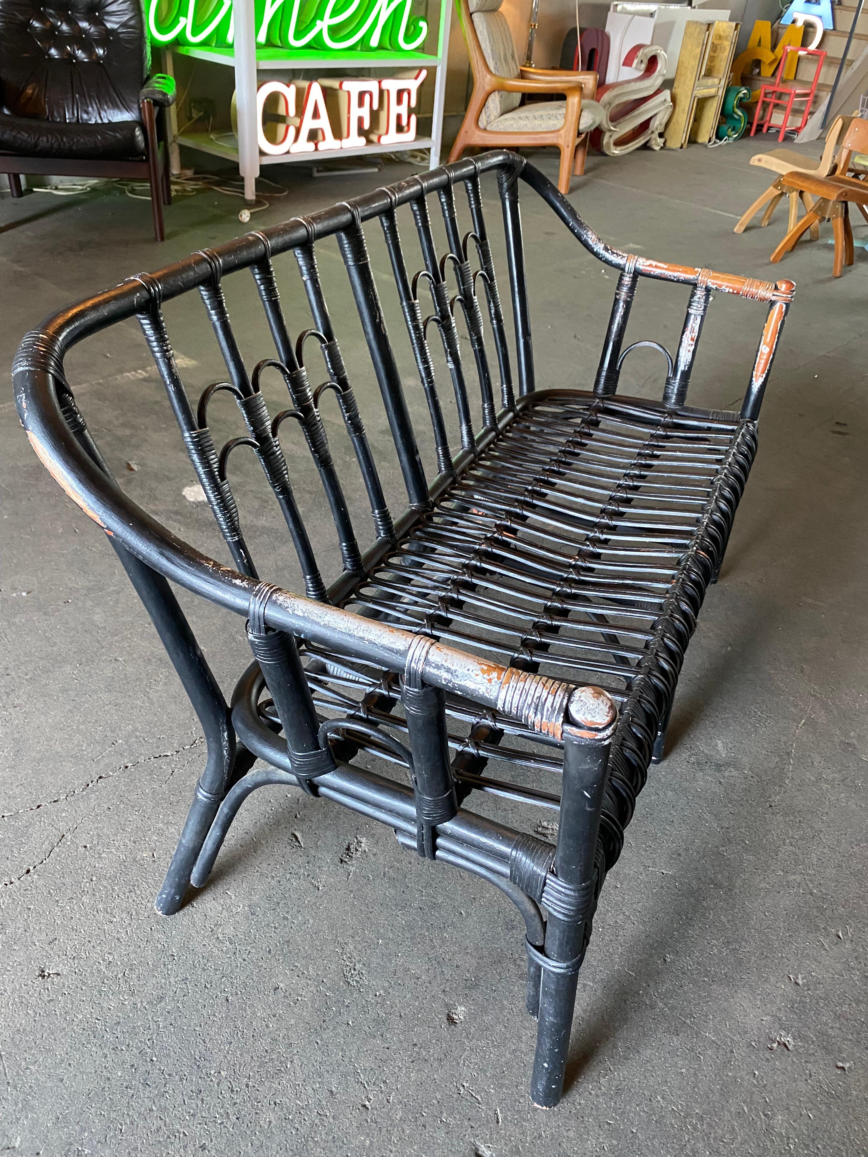 Black Rattan Bench, 2 Persons, Boho Style In Good Condition For Sale In Hamburg, DE