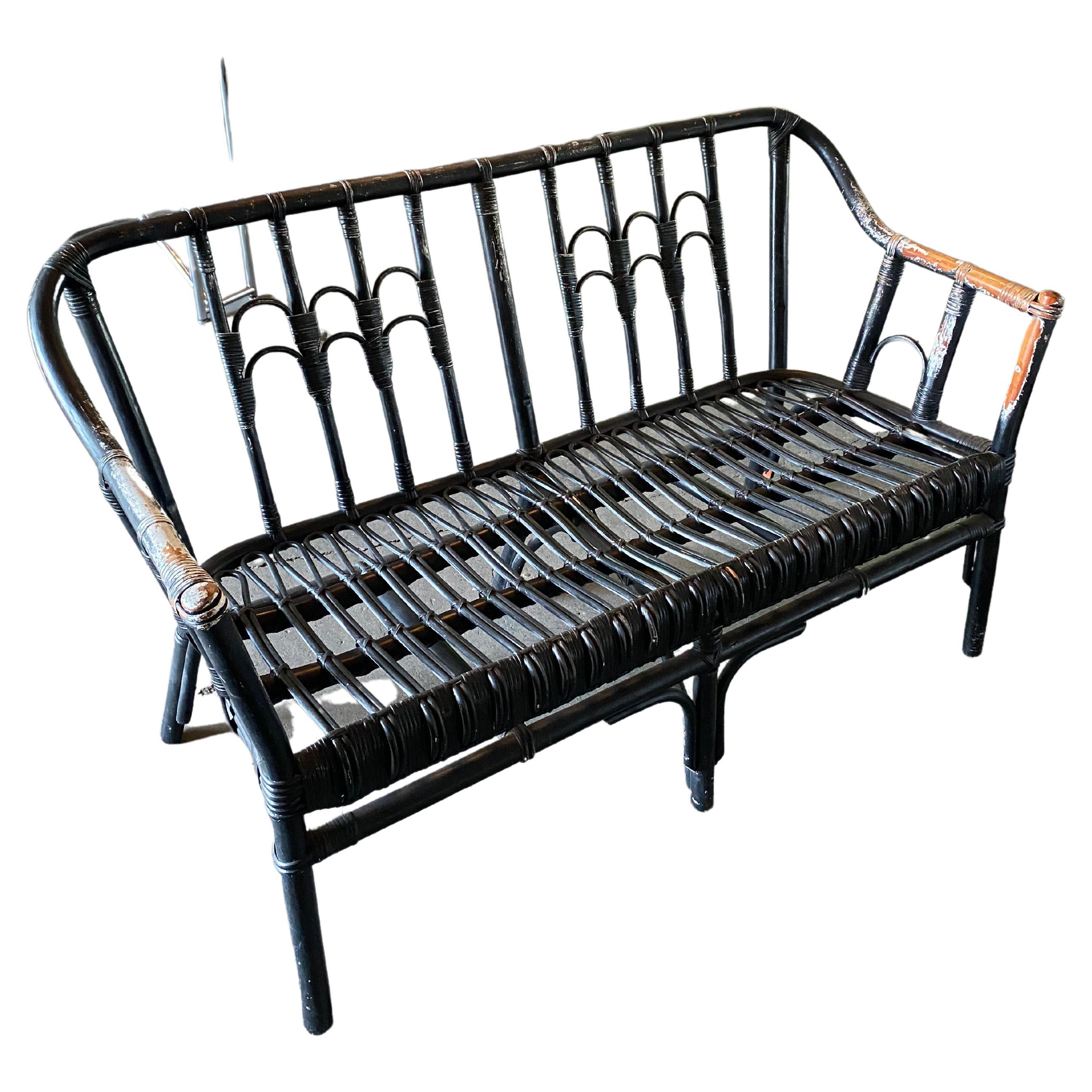 Black Rattan Bench, 2 Persons, Boho Style For Sale