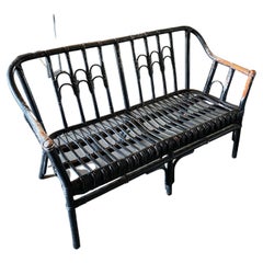 Antique Black Rattan Bench, 2 Persons, Boho Style