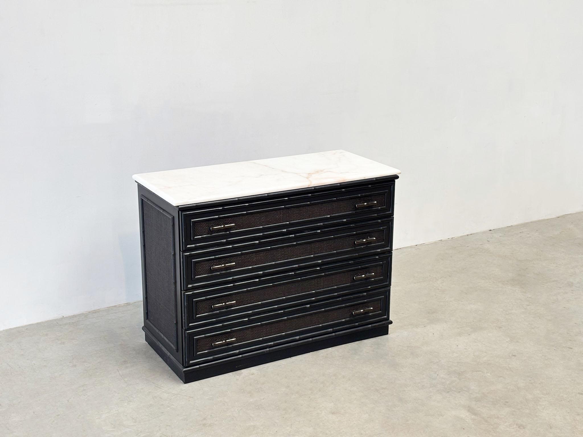 Black rattan cabinet with marble top For Sale