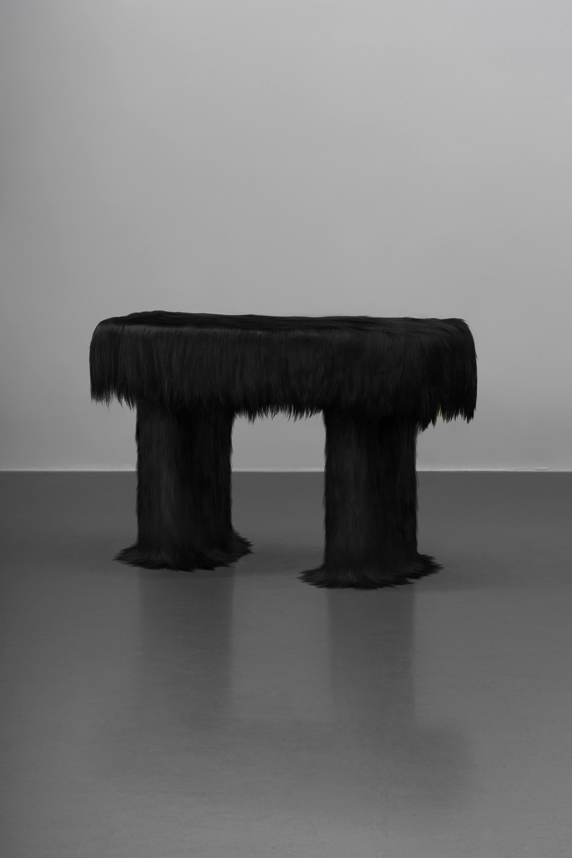 European Black Raw Bench with Furry Goatskin Offcuts by Atelier V&F For Sale