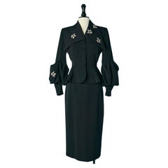 Black raw silk skirt-suit with beadwork and bubbling sleeves Lilli Ann 