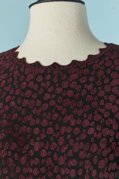 Black rayon and burgundy velvety jacquard knit short sleeve dress ALAIA