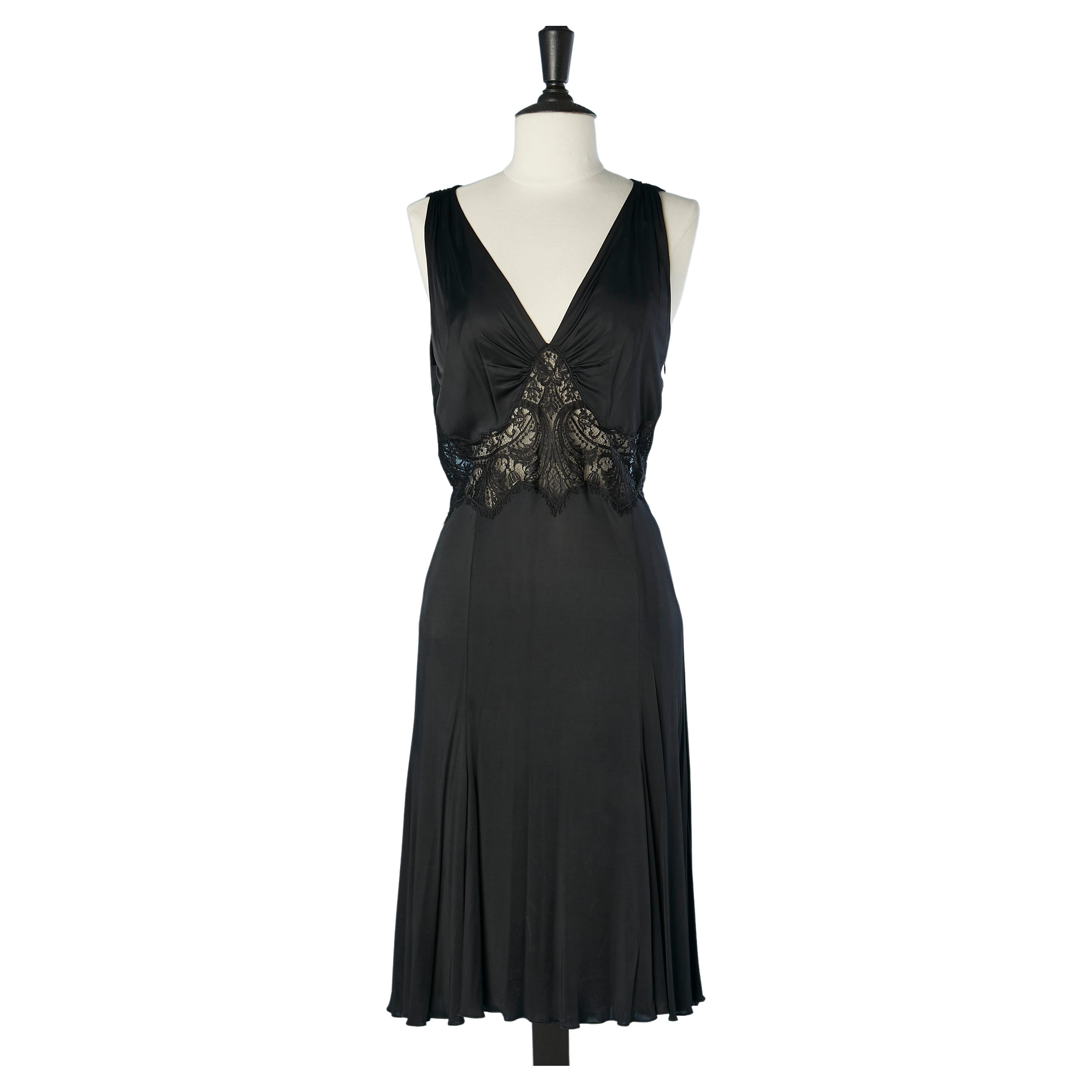 Black rayon cocktail dress with black see-through lace on the waist Versace  For Sale