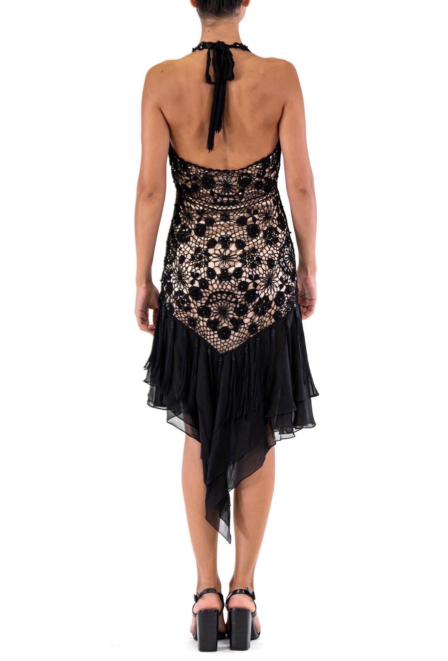 Black Rayon Crochet & Chiffon Cocktail Dress With Beaded Tassels For Sale 2