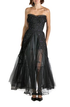 Black Rayon Embroidered Tulle Strapless Long Layered Dress