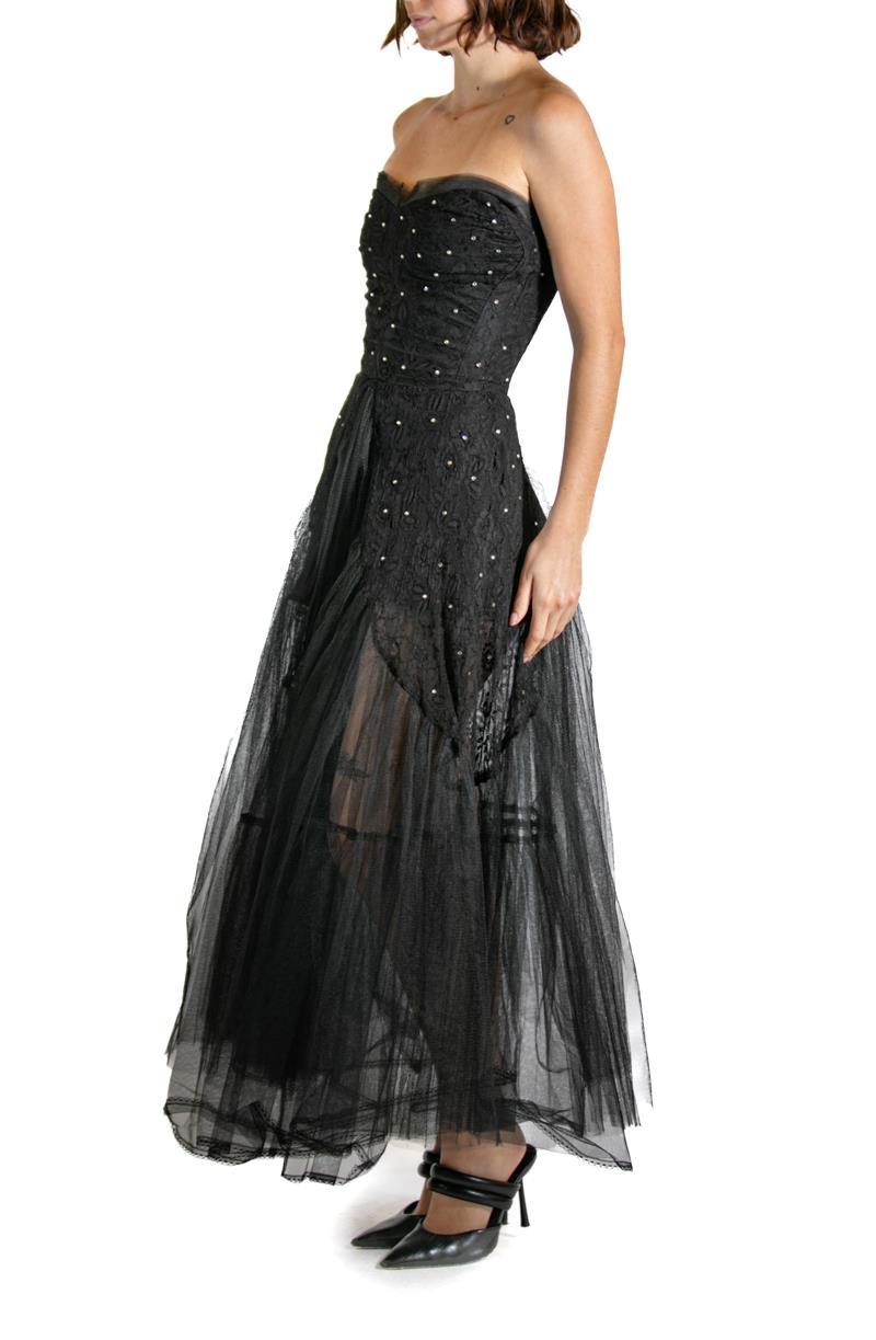 Women's Black Rayon Embroidered Tulle Strapless Long Layered Dress For Sale