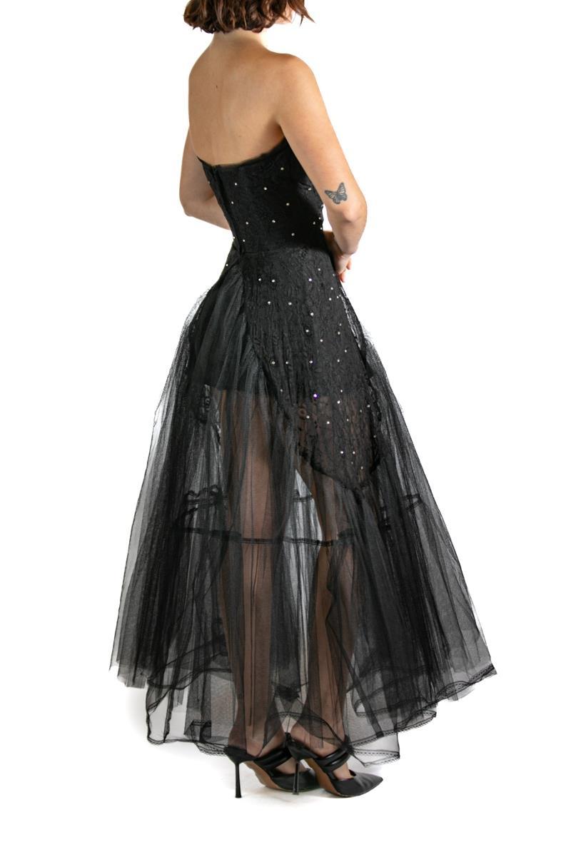 Black Rayon Embroidered Tulle Strapless Long Layered Dress For Sale 1