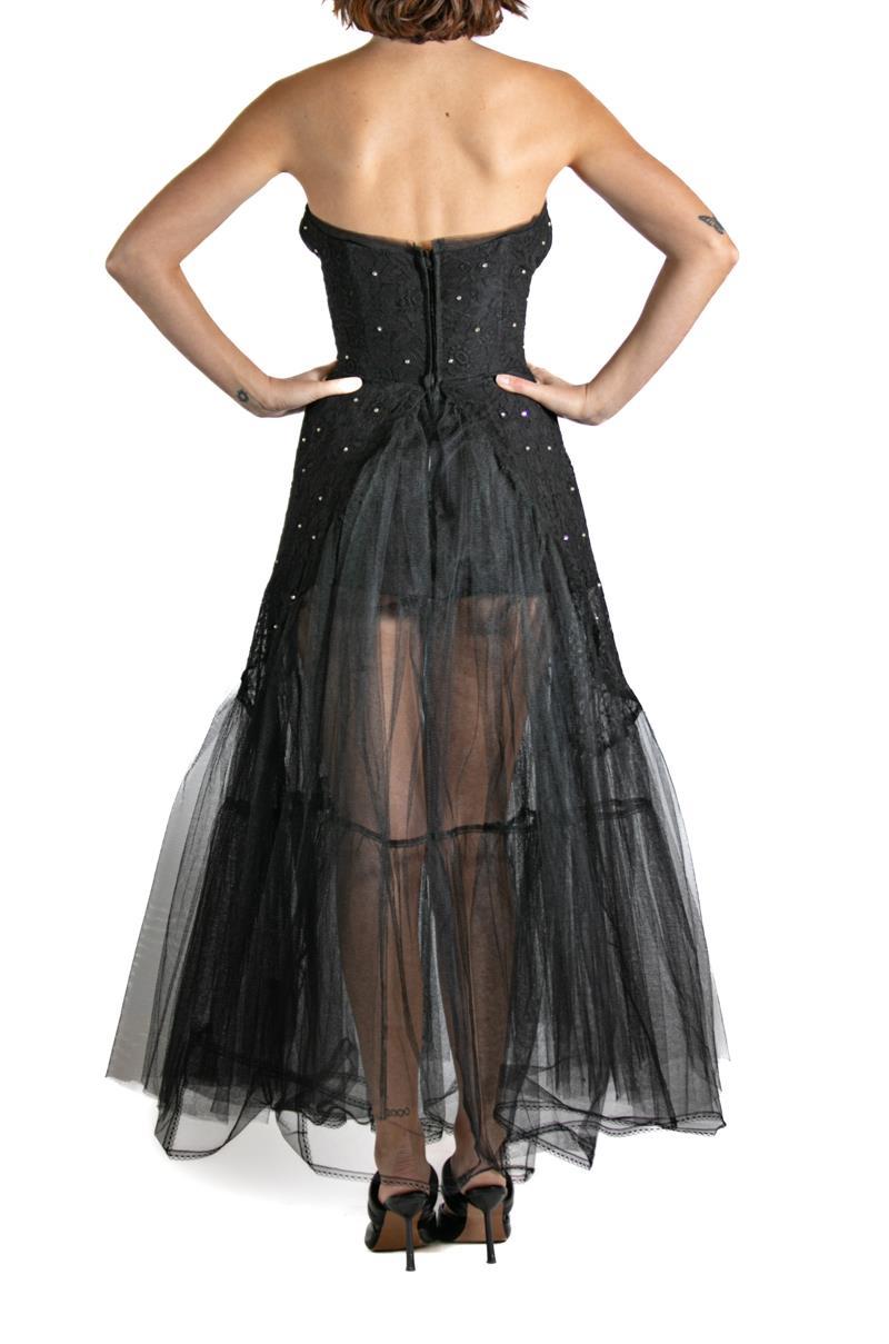 Black Rayon Embroidered Tulle Strapless Long Layered Dress For Sale 2