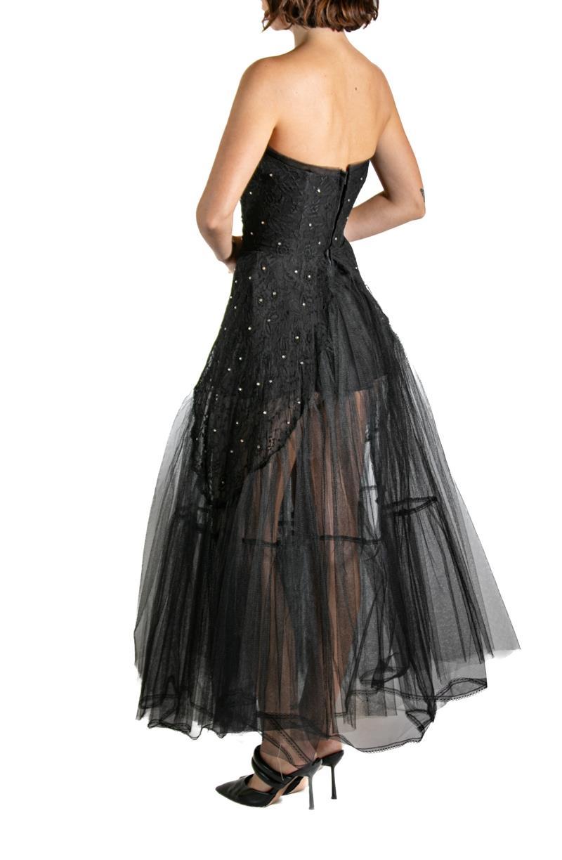 Black Rayon Embroidered Tulle Strapless Long Layered Dress For Sale 3