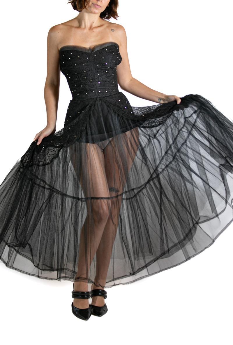 Black Rayon Embroidered Tulle Strapless Long Layered Dress For Sale 4