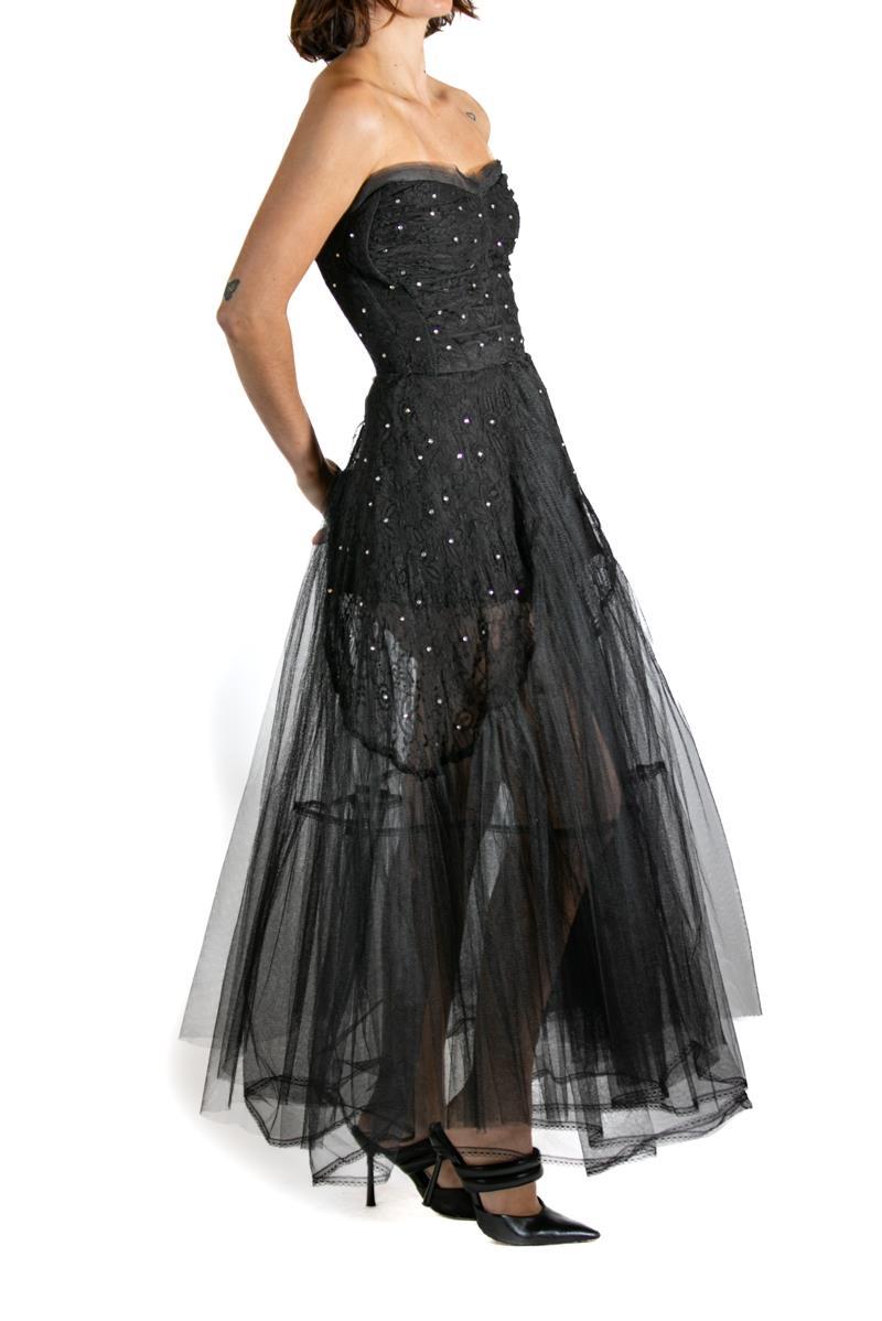 Black Rayon Embroidered Tulle Strapless Long Layered Dress For Sale 5