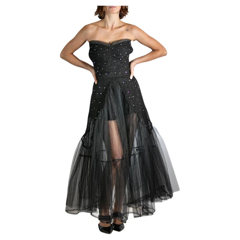 Black Rayon Embroidered Tulle Strapless Long Layered Dress For Sale at  1stDibs