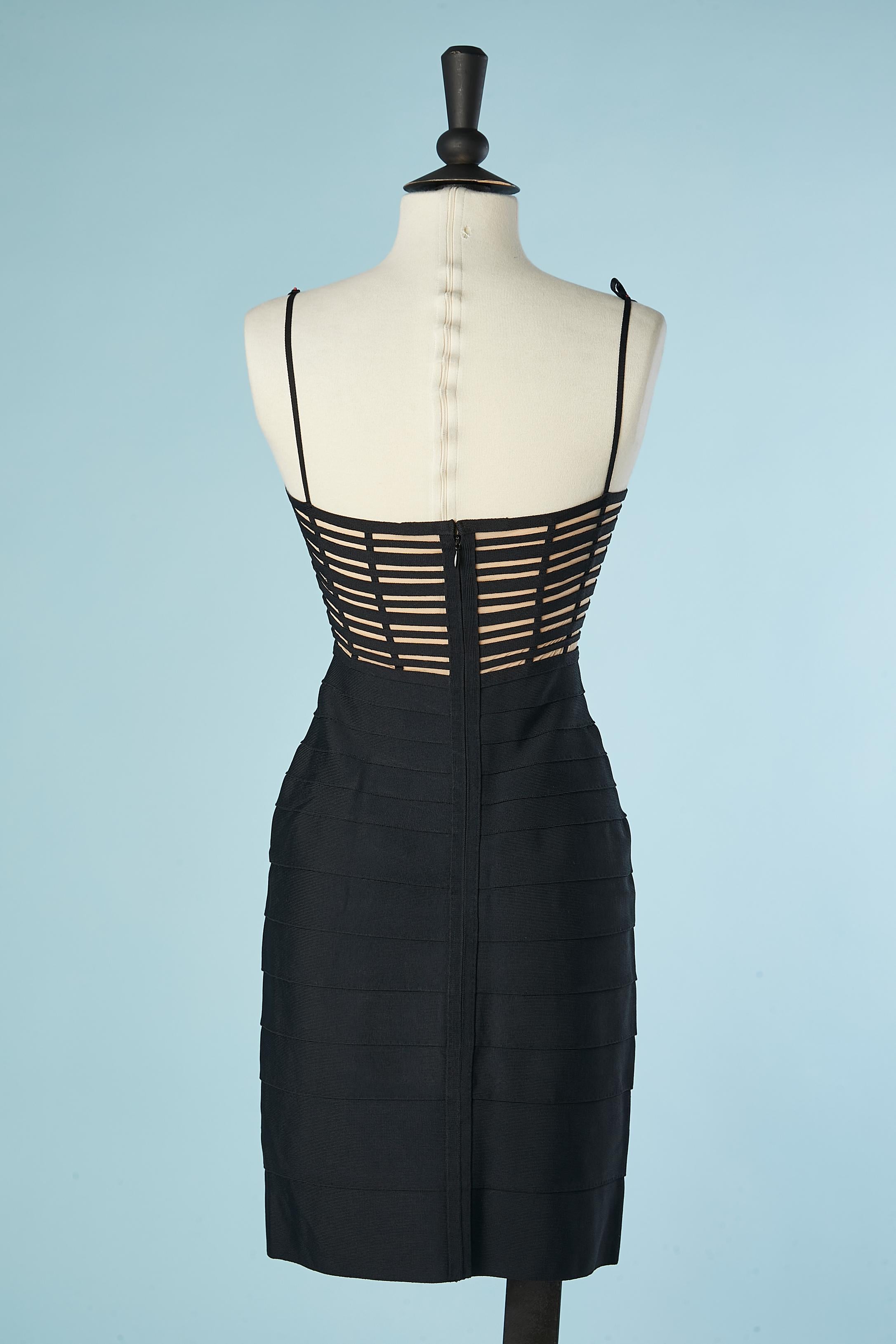 Black rayon jersey band cocktail dress on a nude tulle base Hervé Leger  For Sale 1