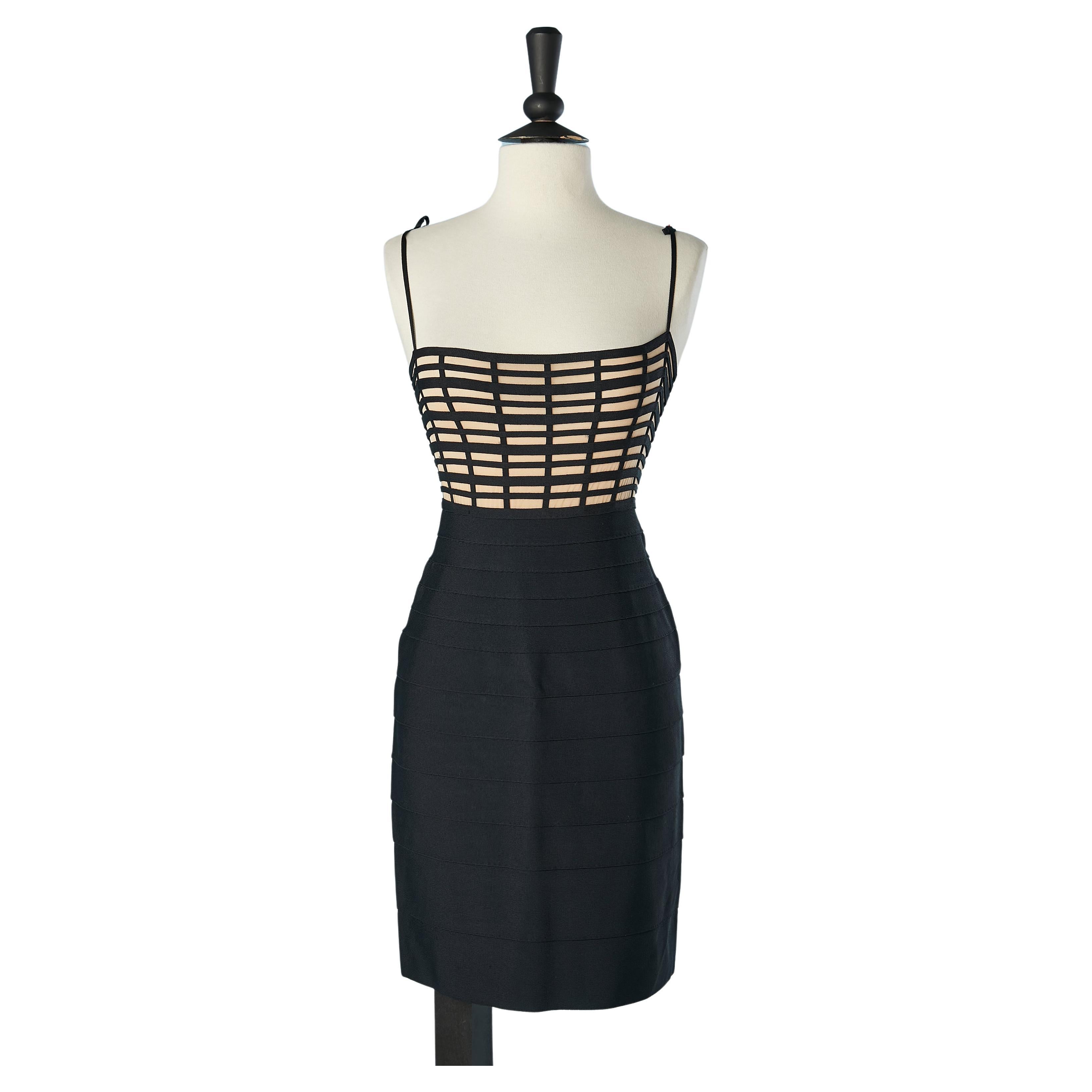 Black rayon jersey band cocktail dress on a nude tulle base Hervé Leger  For Sale