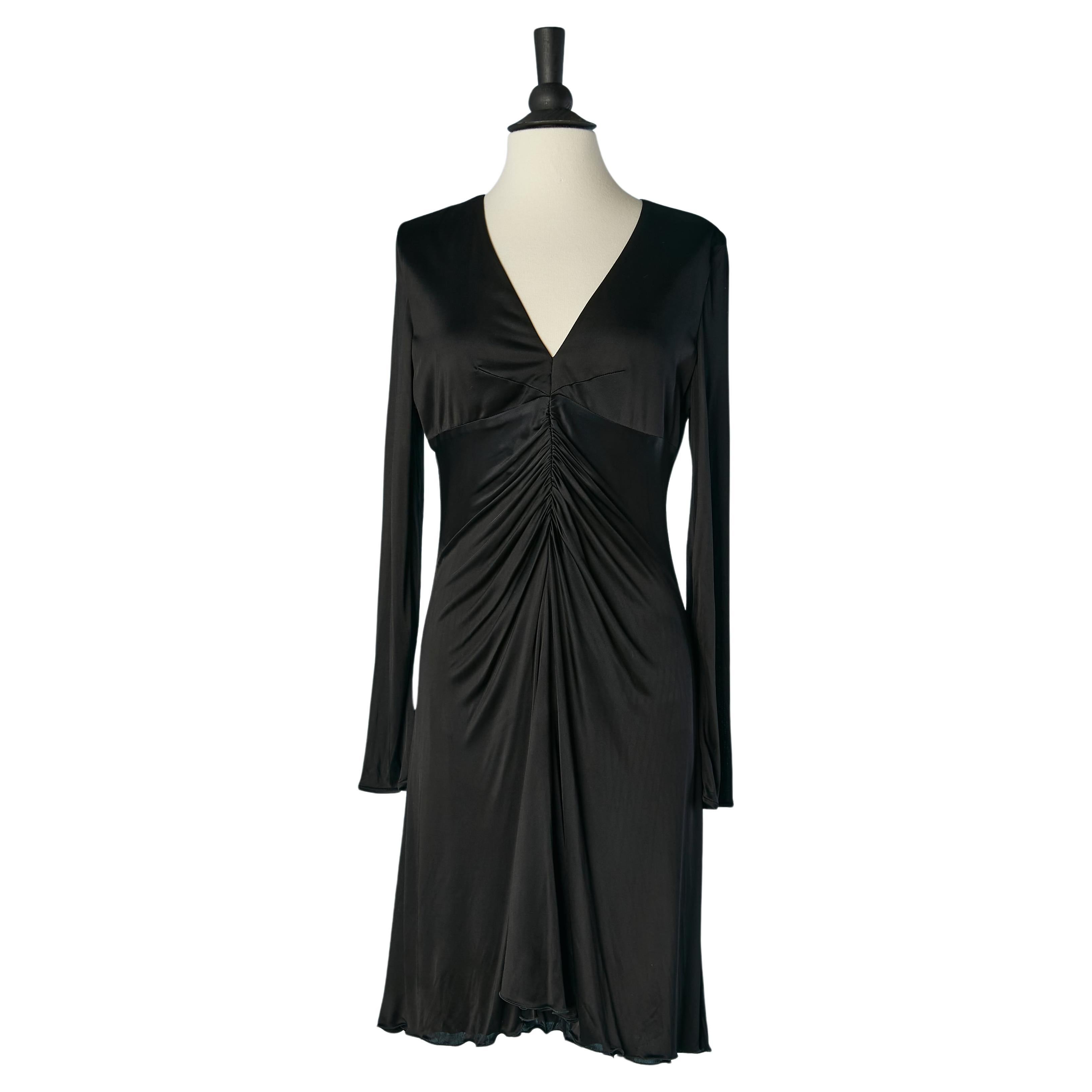 Black rayon jersey cocktail dress draped on the front VERSACE For Sale