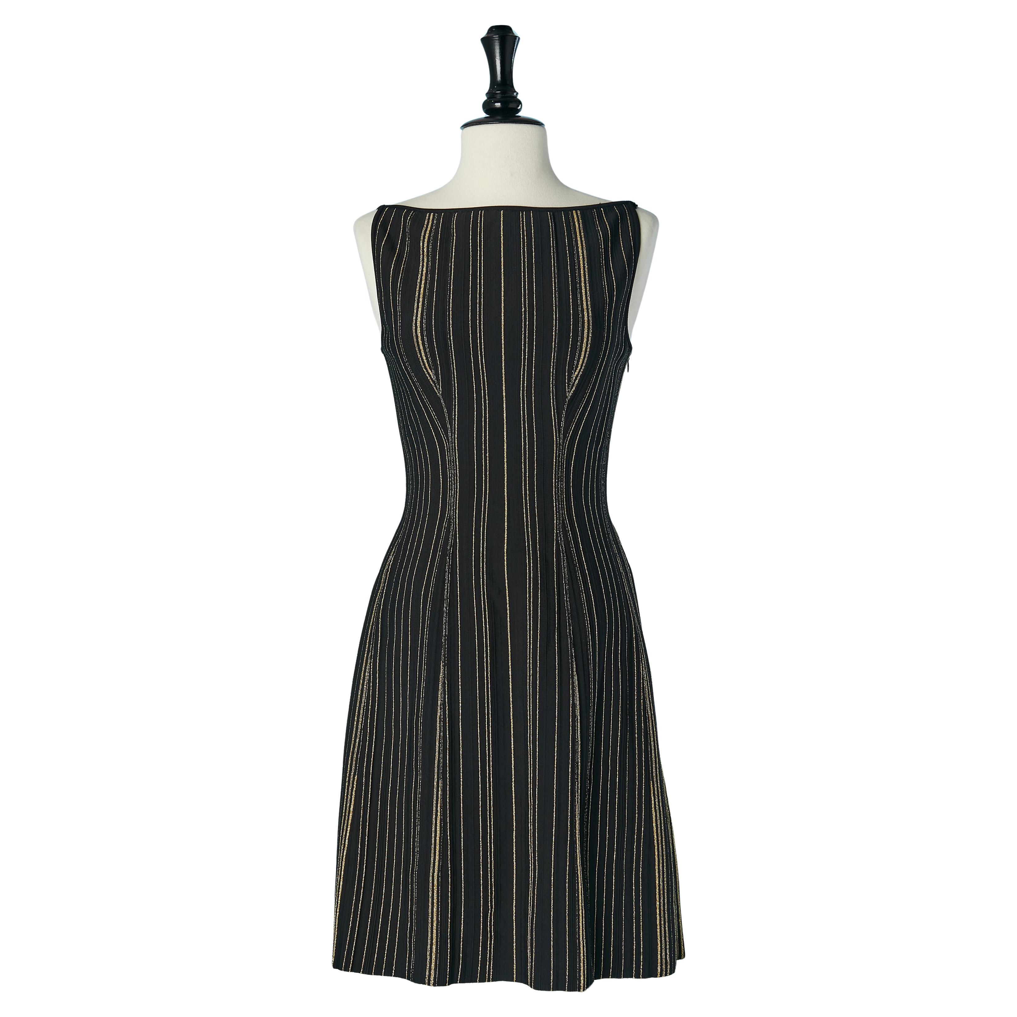 Black rayon jersey sleeveless cocktail dress with gold lurex lines ALAIA NEW For Sale
