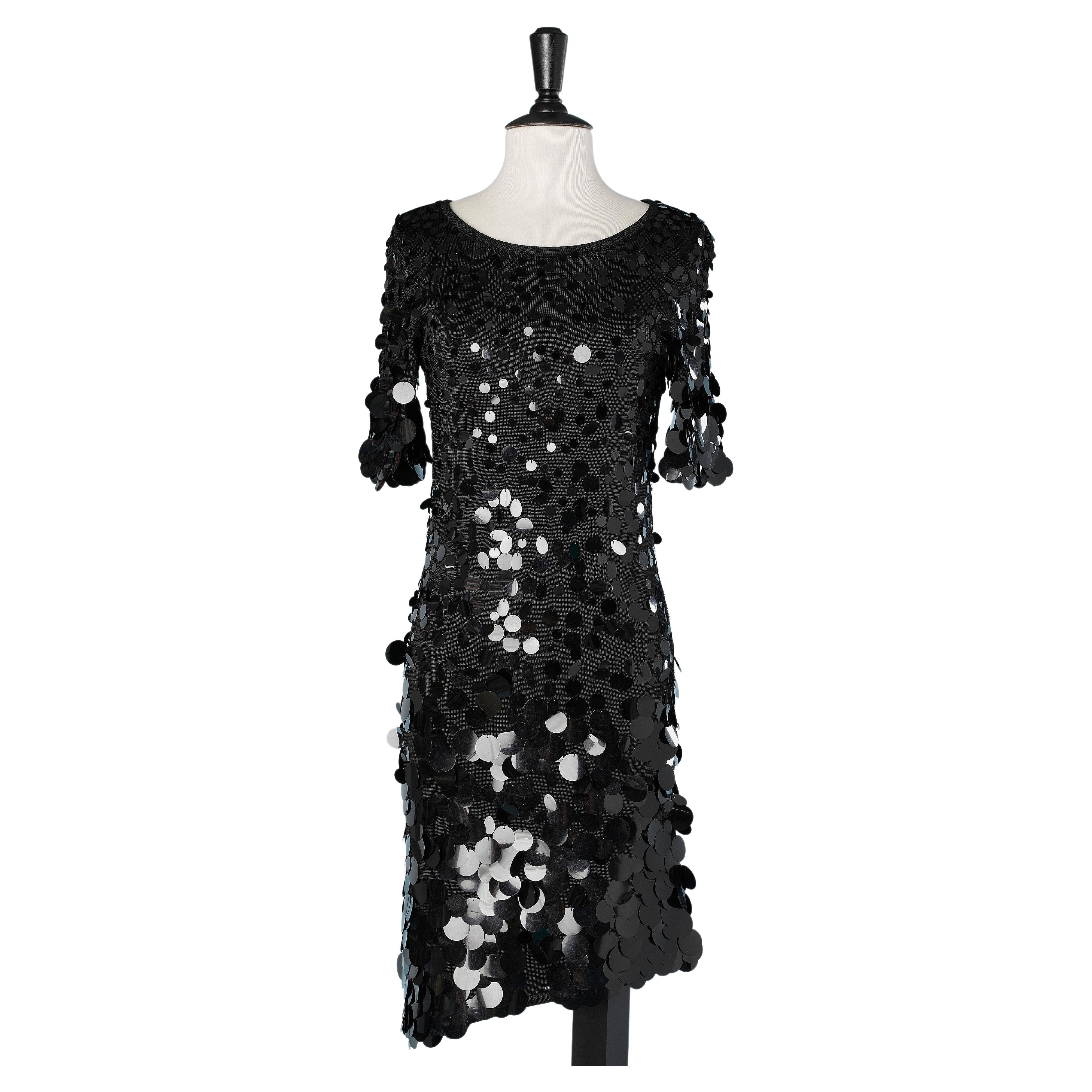 Black rayon knit dress covered with black PVC sequins  For Sale