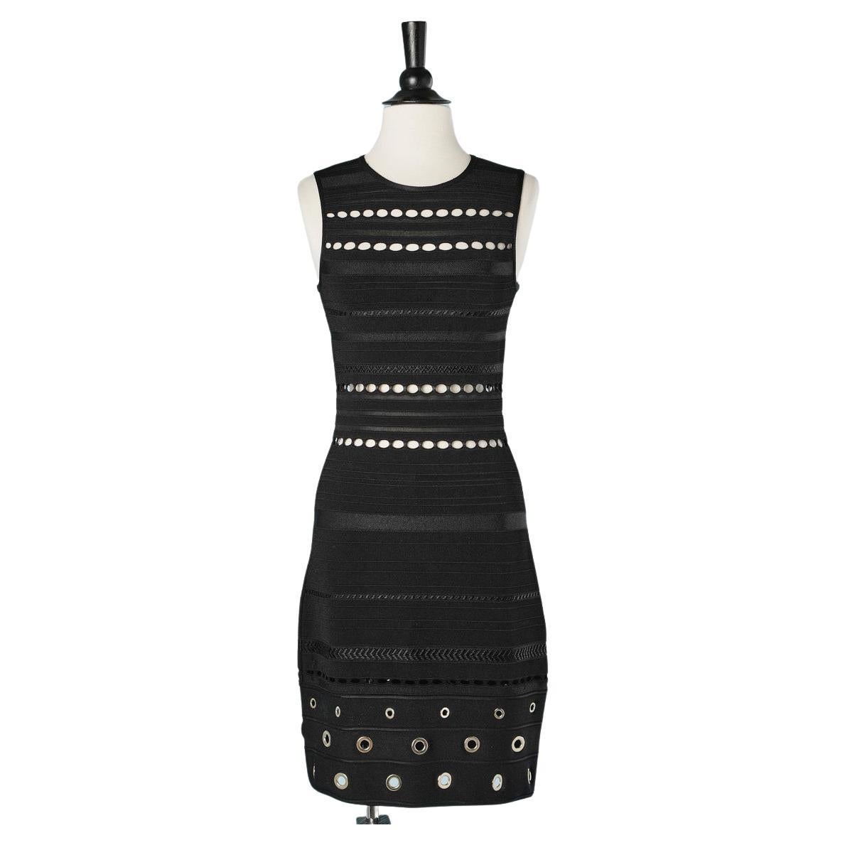 Black rayon knit see-through cocktail dress with gold eyelet  Roberto Cavalli  For Sale