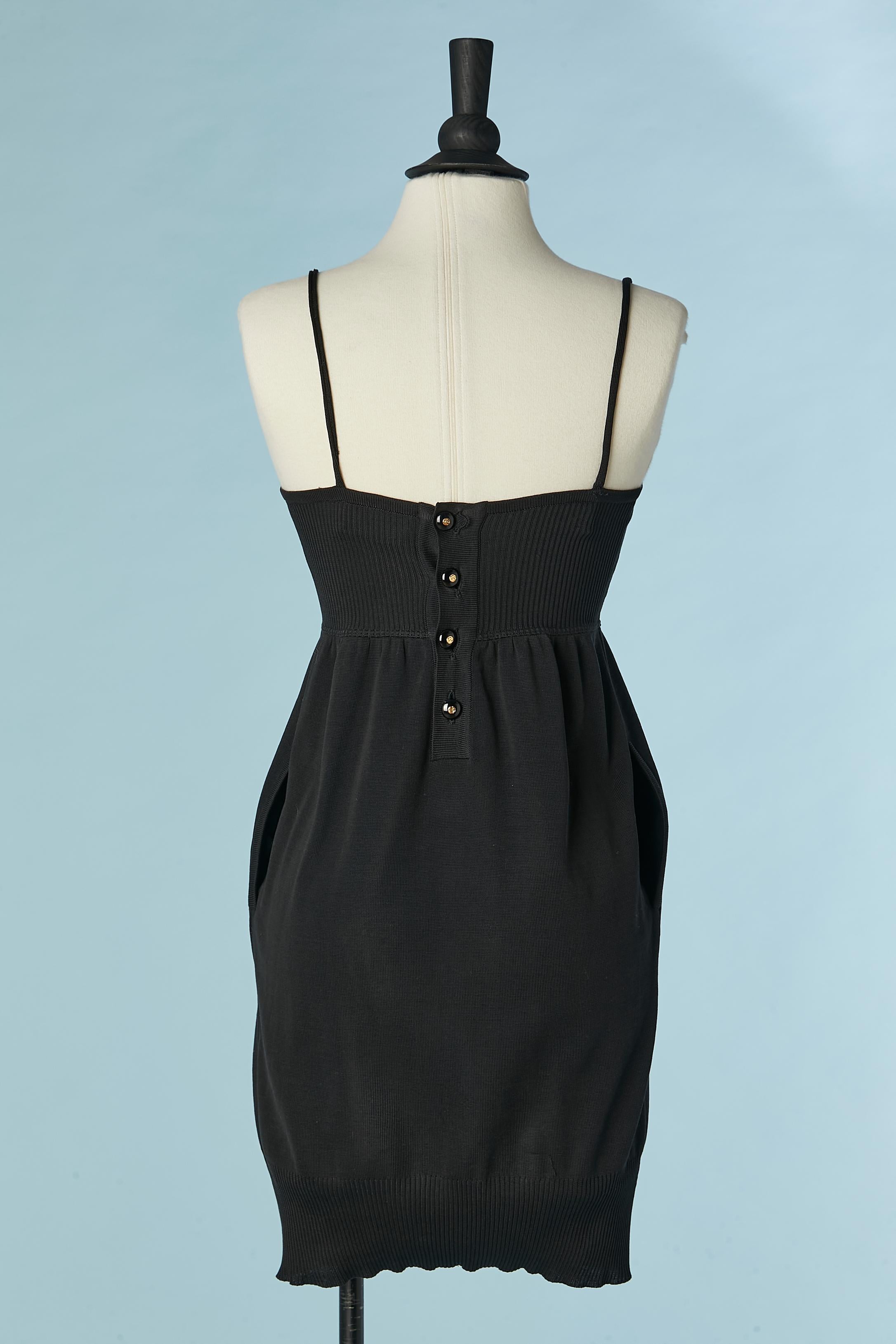 Black rayon knit slip dress with branded buttons on the back CHANEL Boutique For Sale 2
