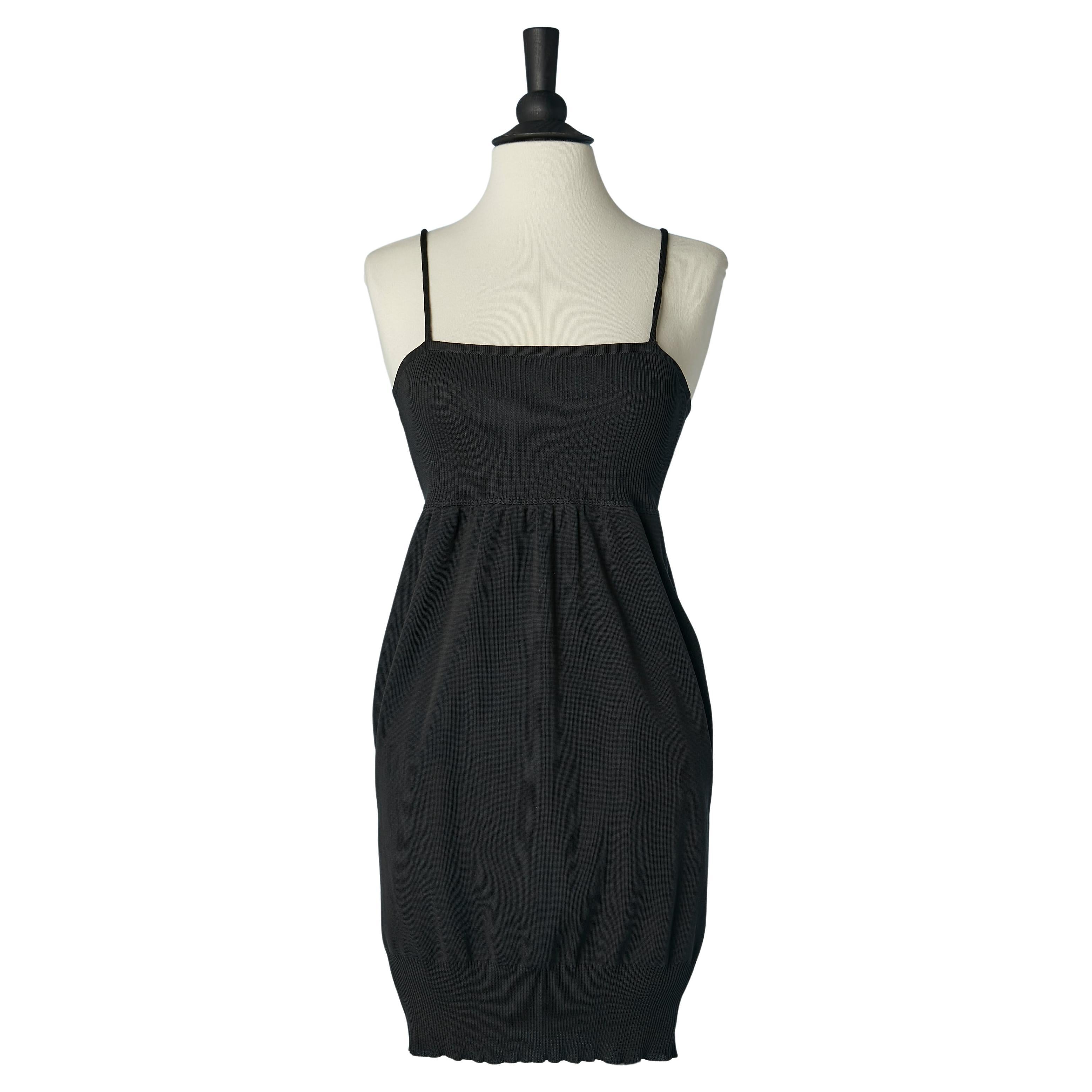 Black rayon knit slip dress with branded buttons on the back CHANEL Boutique For Sale