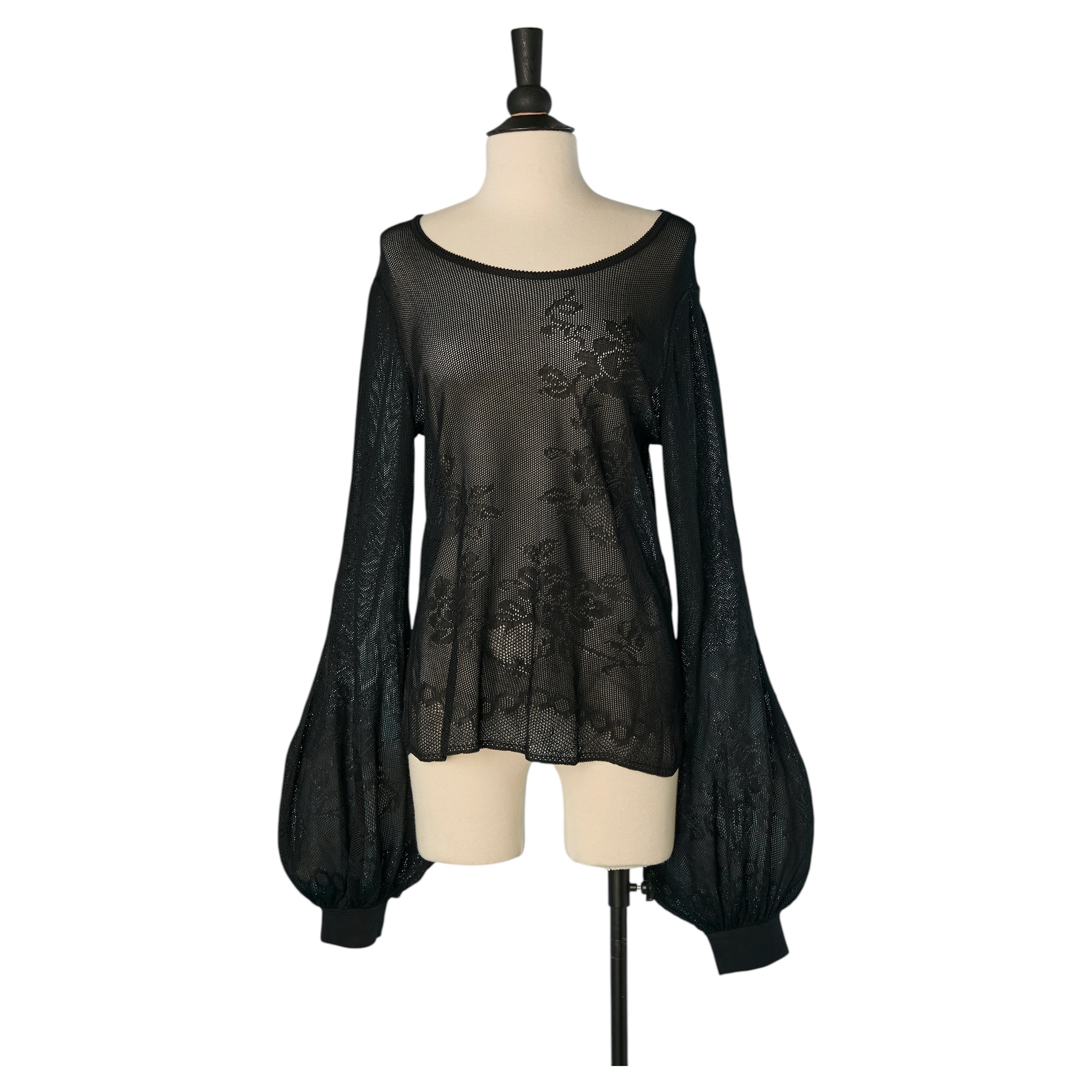 Black rayon mesh jacquard see-through top with balloon sleeve CHANEL