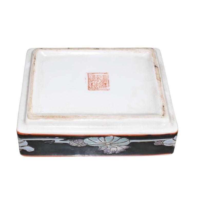 Chinese Black Rectangular Ceramic Chinoiserie Trinket Box with Lid and Pink Crane Motif