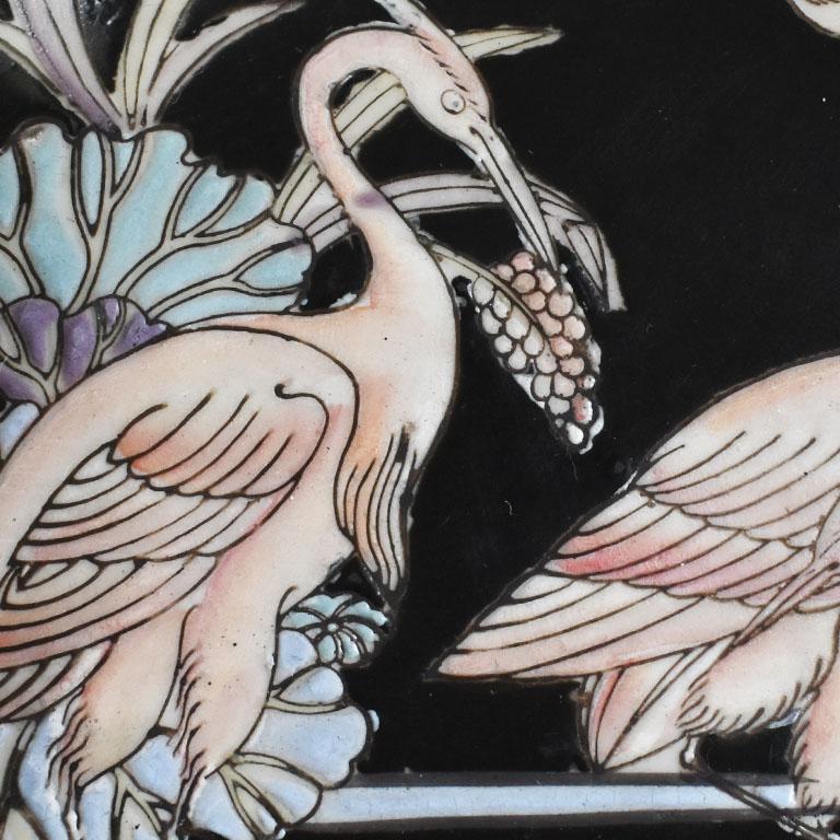 Black Rectangular Ceramic Chinoiserie Trinket Box with Lid and Pink Crane Motif In Good Condition In Oklahoma City, OK
