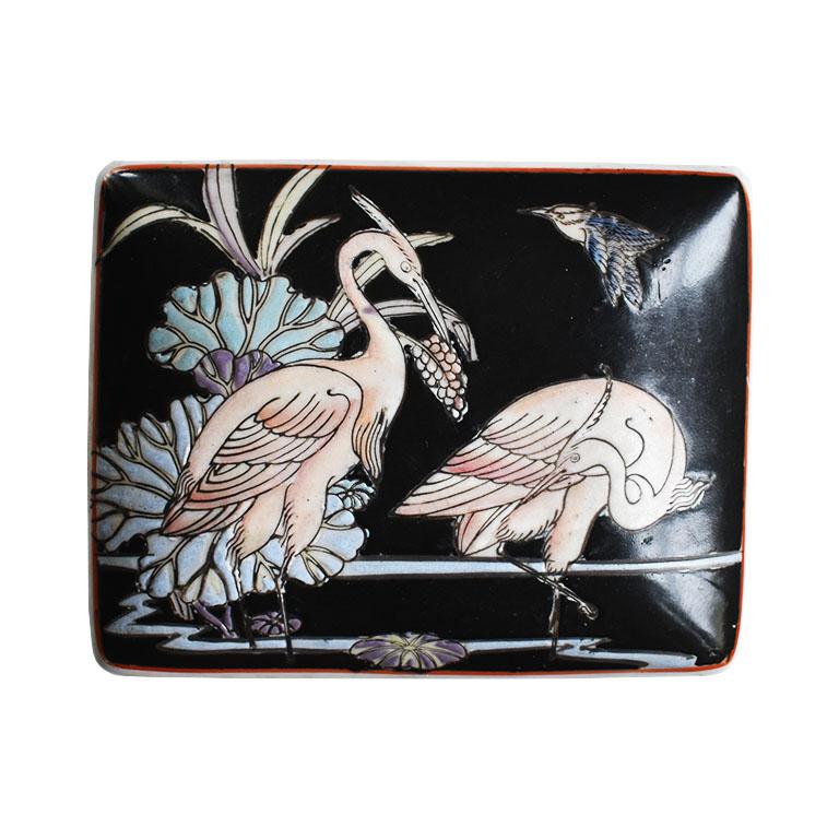 20th Century Black Rectangular Ceramic Chinoiserie Trinket Box with Lid and Pink Crane Motif