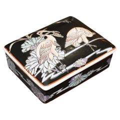 Vintage Black Rectangular Ceramic Chinoiserie Trinket Box with Lid and Pink Crane Motif