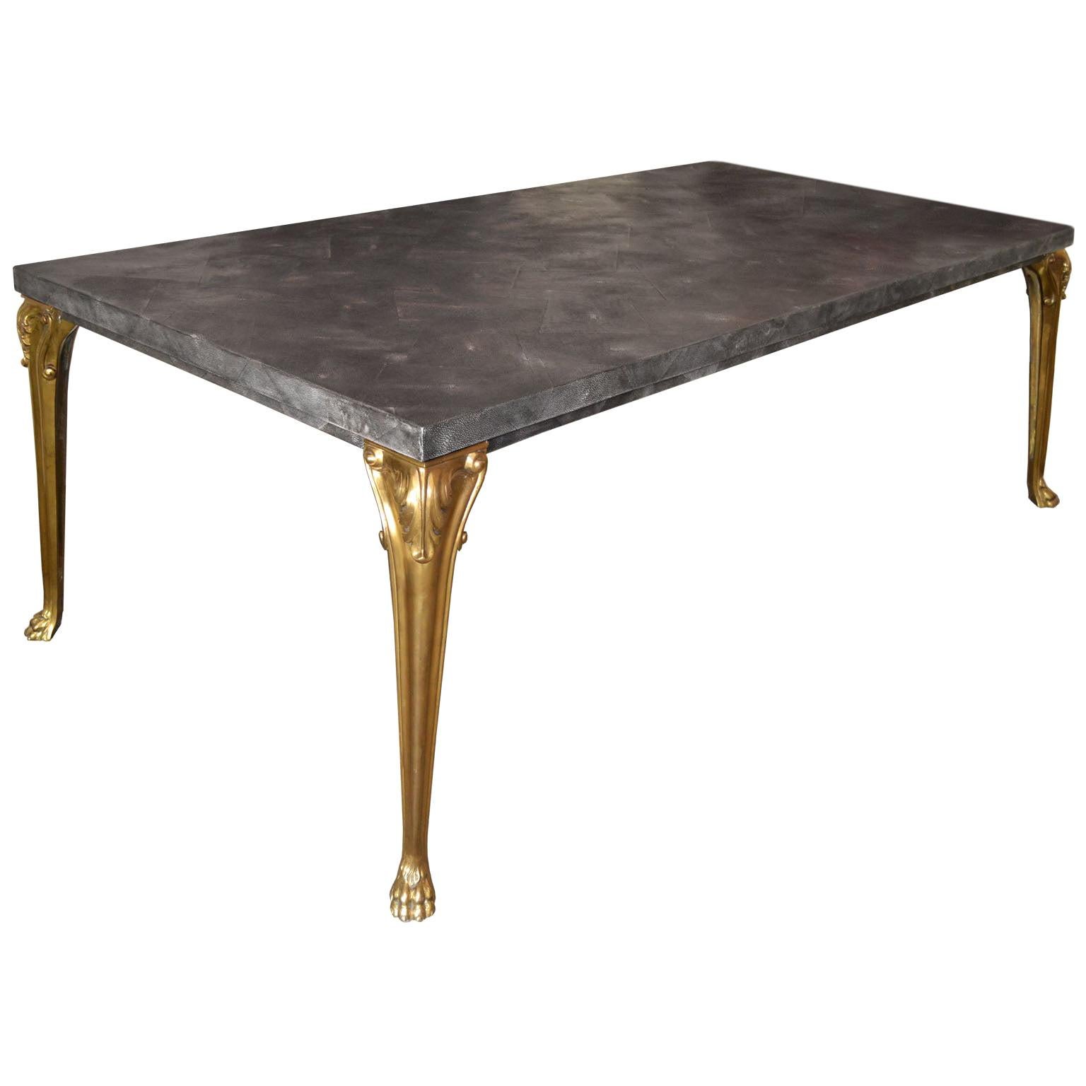 Dining Table black scagliola shagreen top  casted brass legs handmade in Italy For Sale