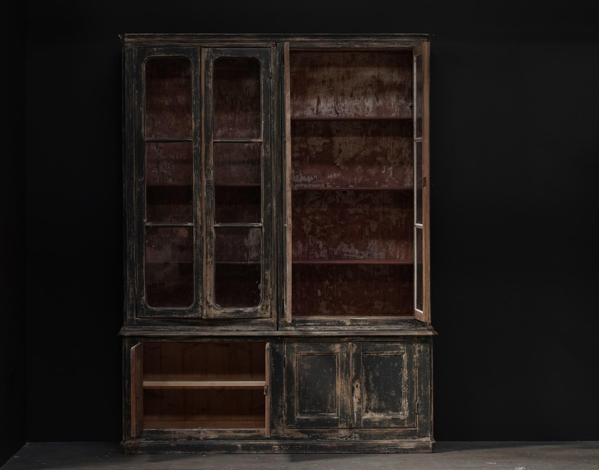 Italian Black & Red Aged Glass Cabinet, Italy    For Sale
