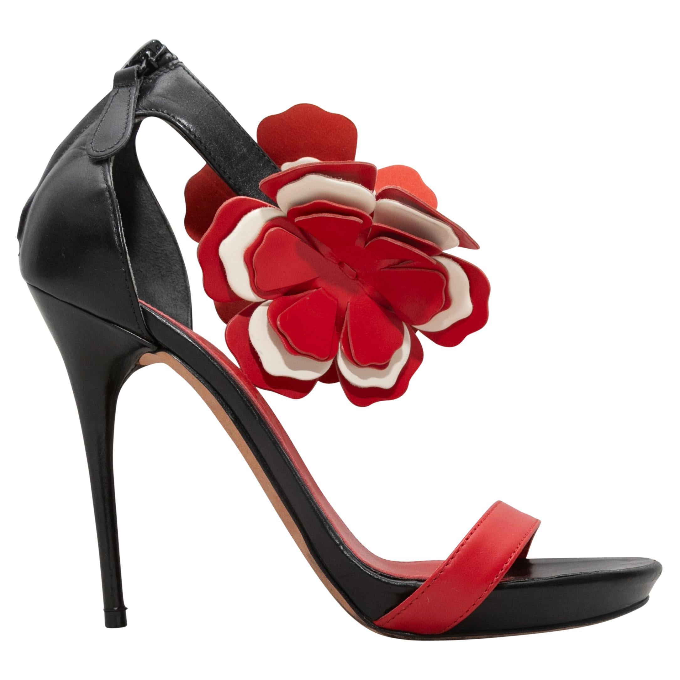 Black & Red Alexander McQueen Flower-Embellished Heeled Sandals Size 36 For Sale
