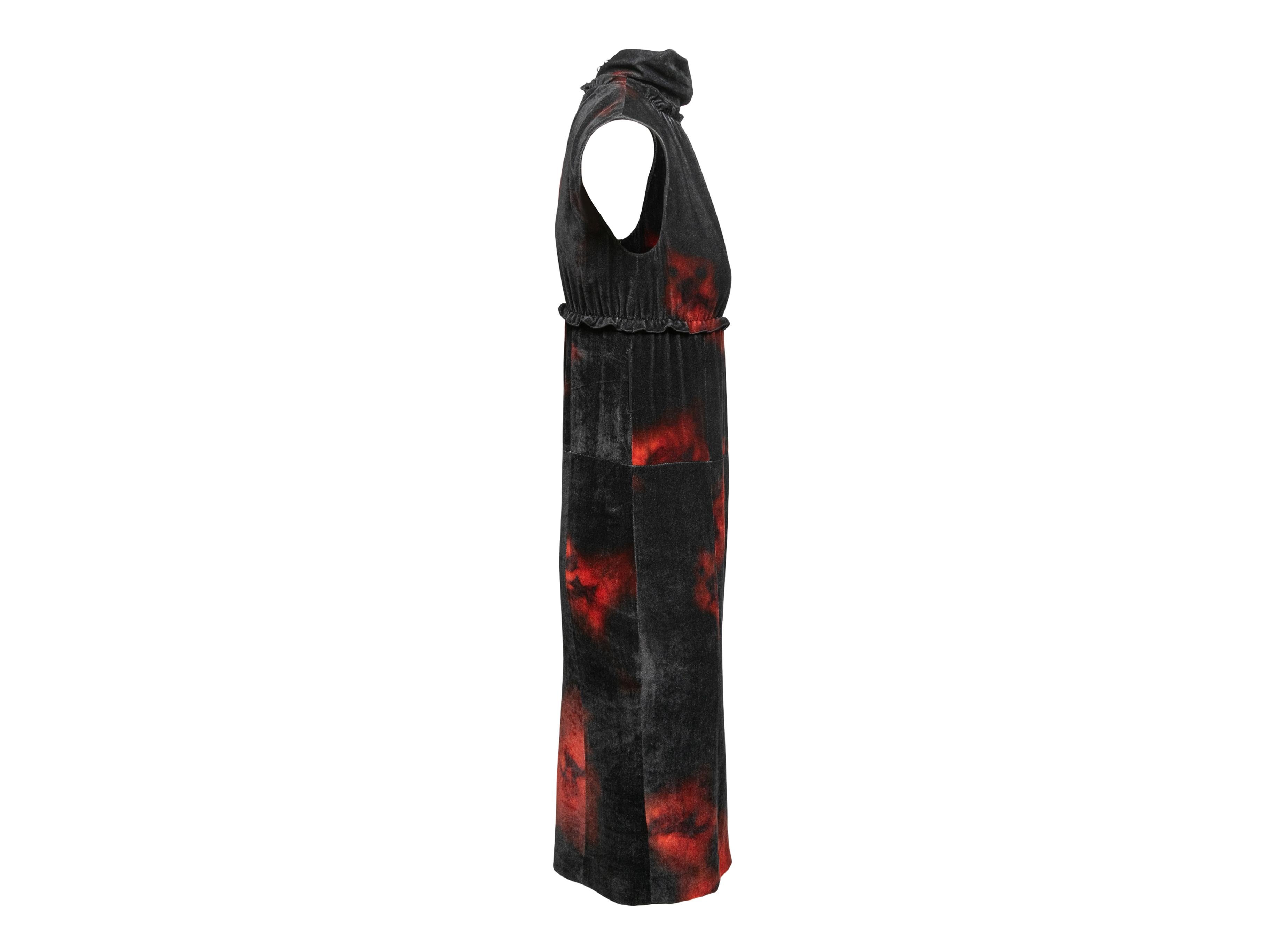 Black and red Indira velvet tie-dye sleeveless dress by Altuzarra. Mock neck. Button closures at nape. 36