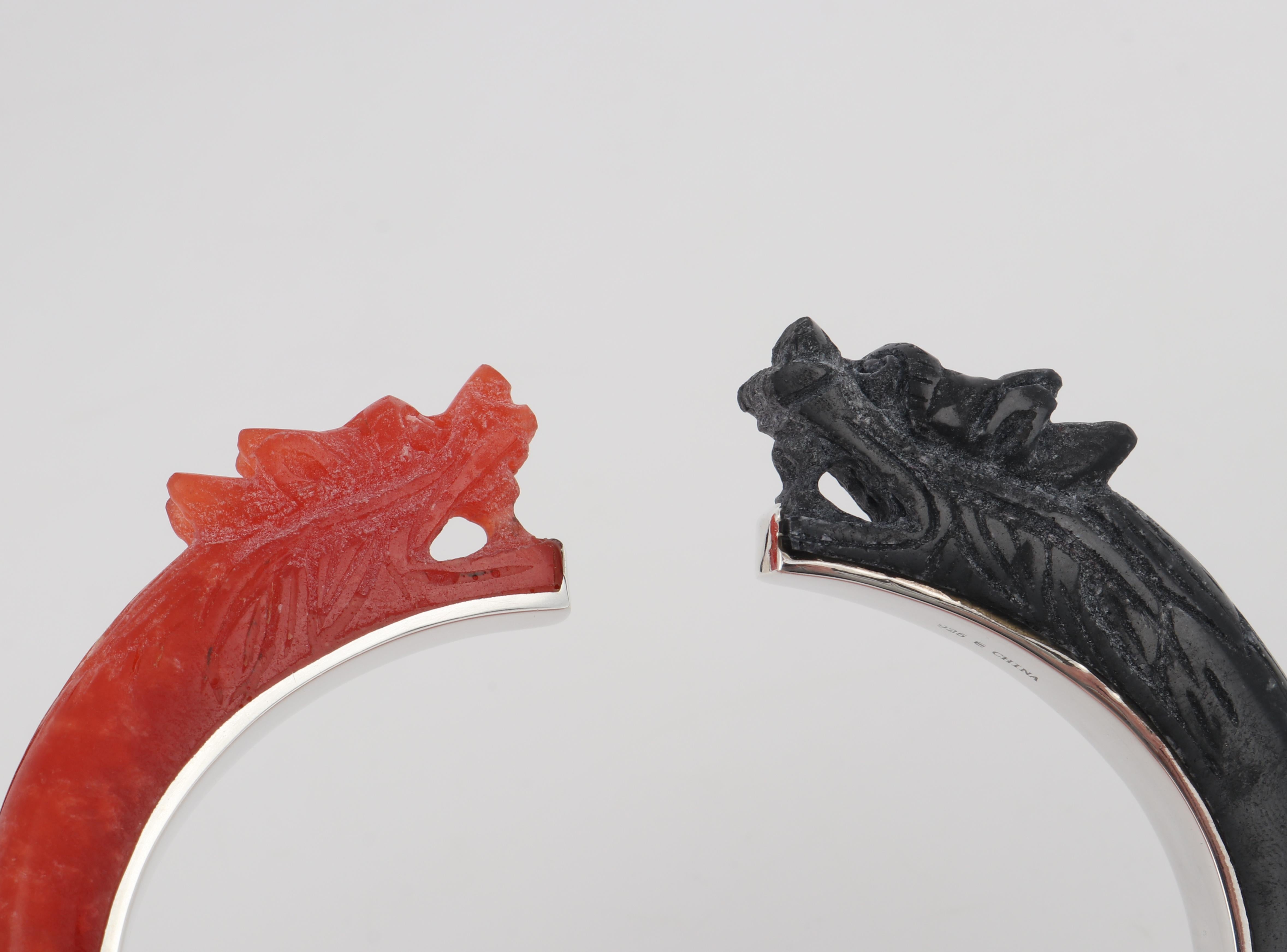 Black & Red Carved Jade Nephrite Dragon Sterling Silver Bangle Bracelet Ring Set 3
