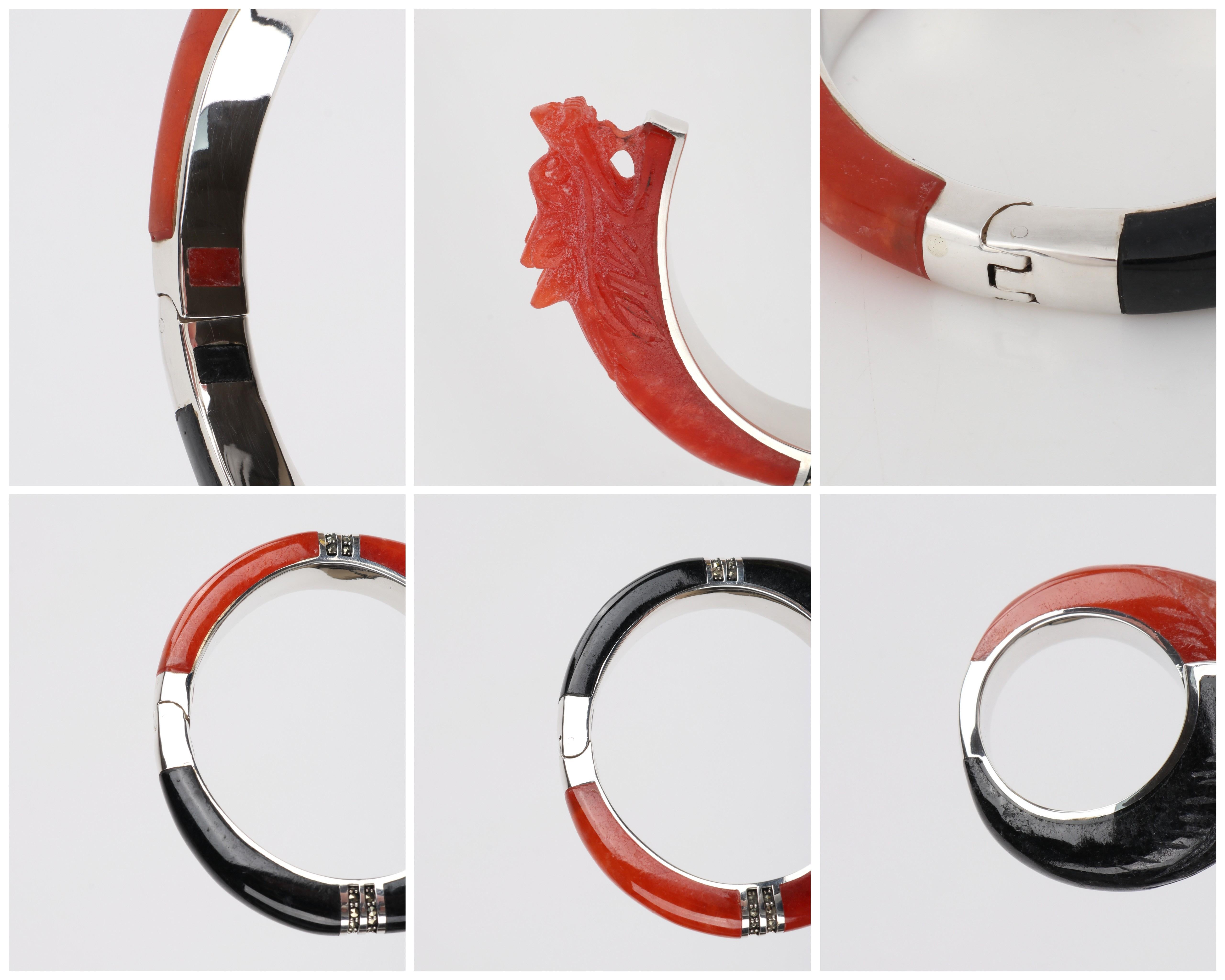 Black & Red Carved Jade Nephrite Dragon Sterling Silver Bangle Bracelet Ring Set 5